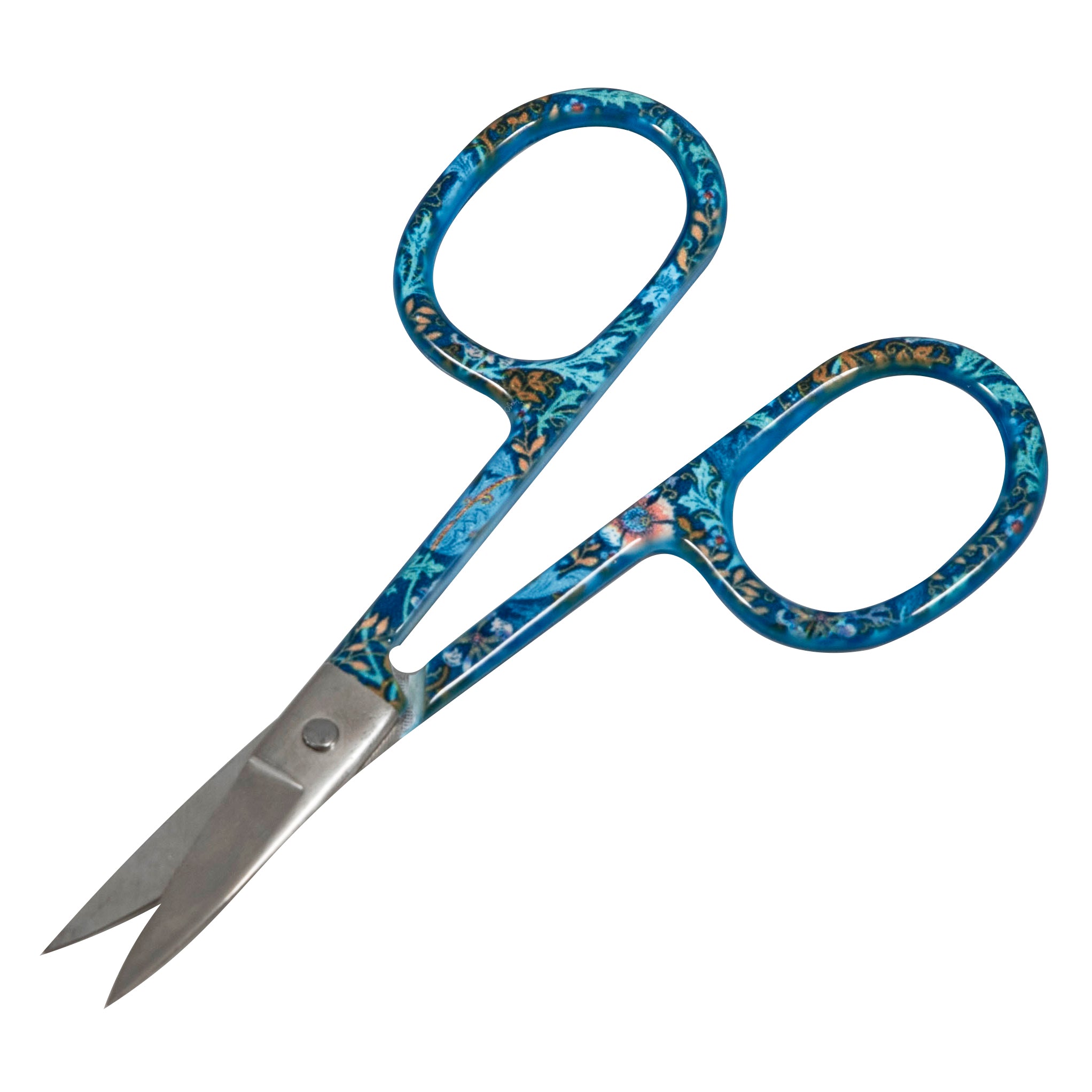 Small embroidery scissors with sharp metal blades and blue floral patterned handles.