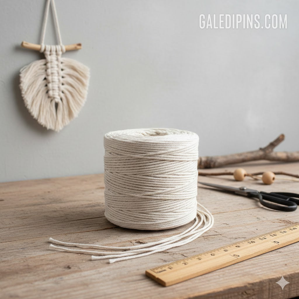 A spool of natural cotton macrame cord with loose strands and crafting tools.