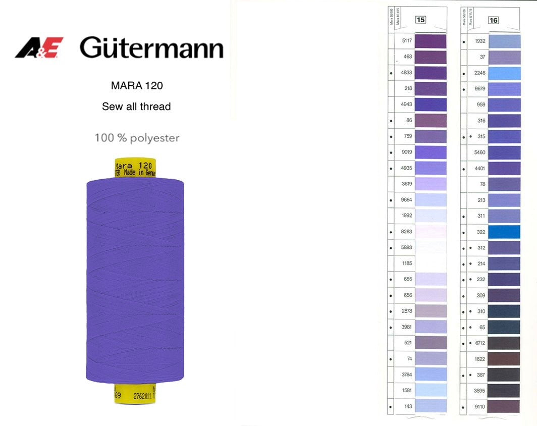 A spool of purple Gutermann Mara 120 thread shown next to a color shade card.