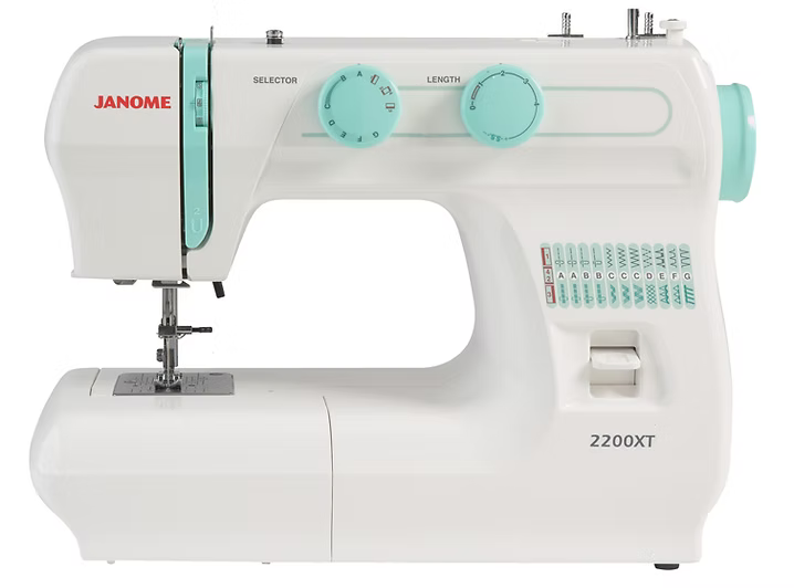 White Janome 2200XT sewing machine with teal accents and control dials.