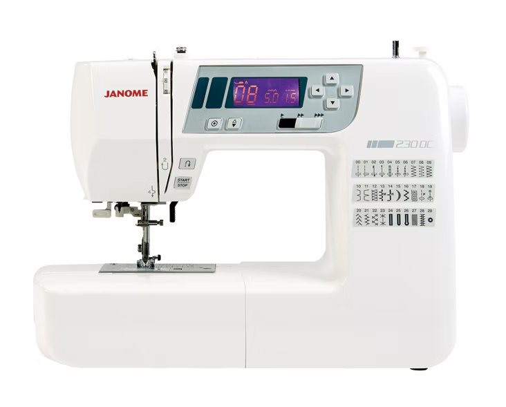 Janome 230 DC computerized sewing machine with digital display and stitch guide.
