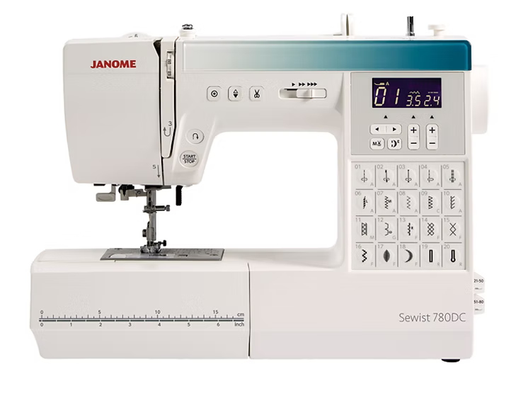White Janome Sewist 780DC computerized sewing machine with digital display and stitch selection.