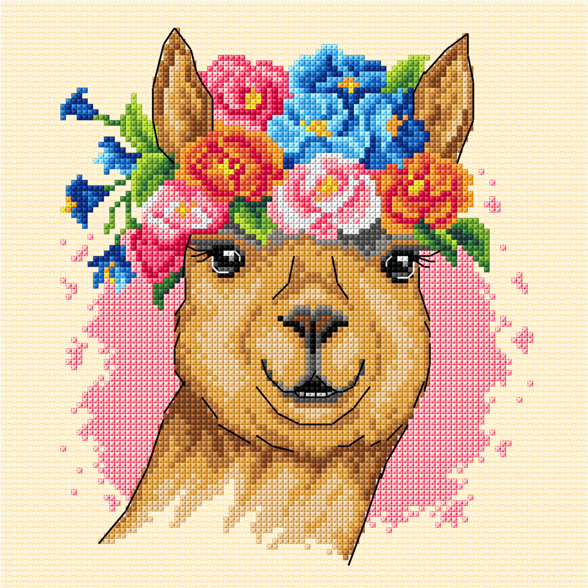 Counted cross stitch kit featuring a colorful llama with a floral crown on cream 14 count aida.