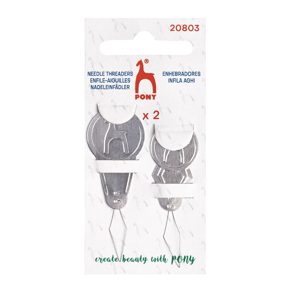 Pack of 2 Pony aluminium needle threaders with diamond-shaped steel wires on white card packaging.