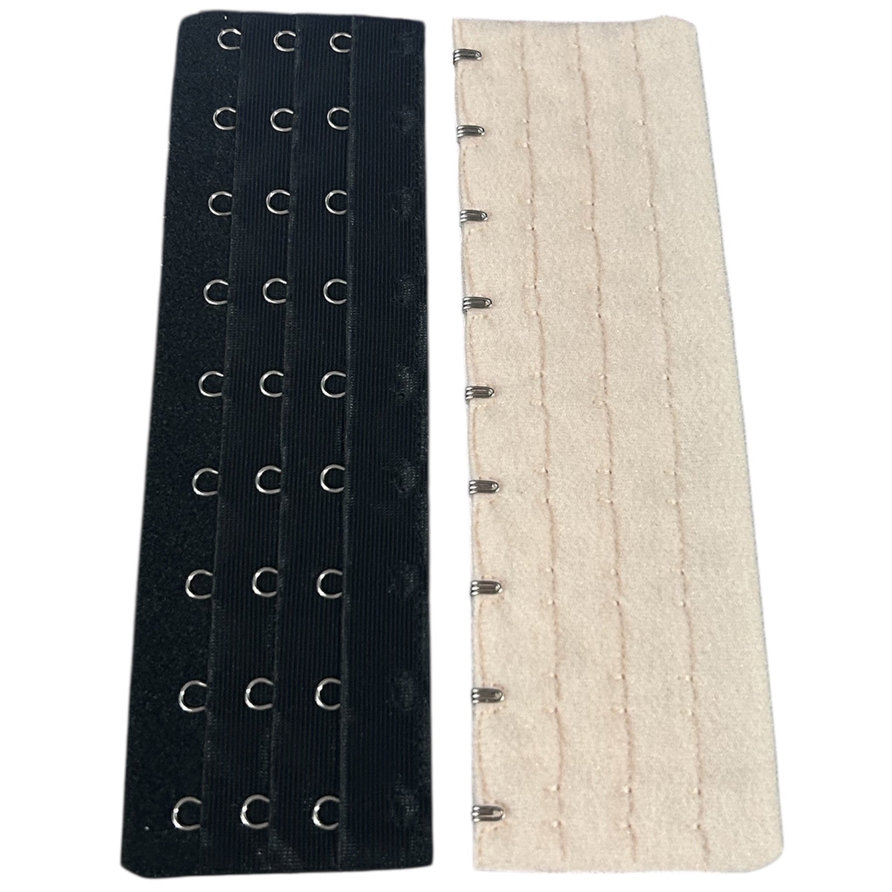 Black and nude bra extenders with multiple hook and eye closures.