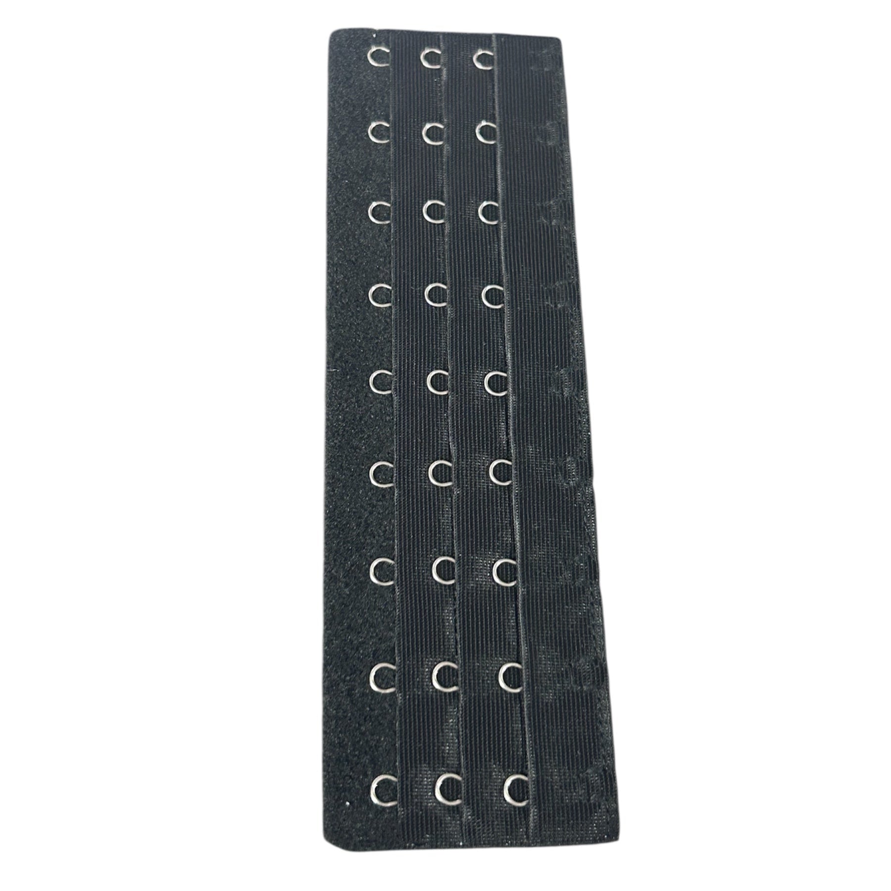 Black polyester bra extender with four rows of three metal hooks.