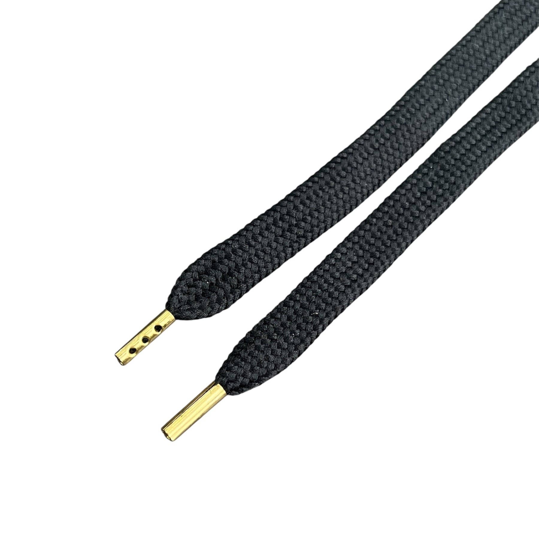 Black flat shoelaces with gold tips.