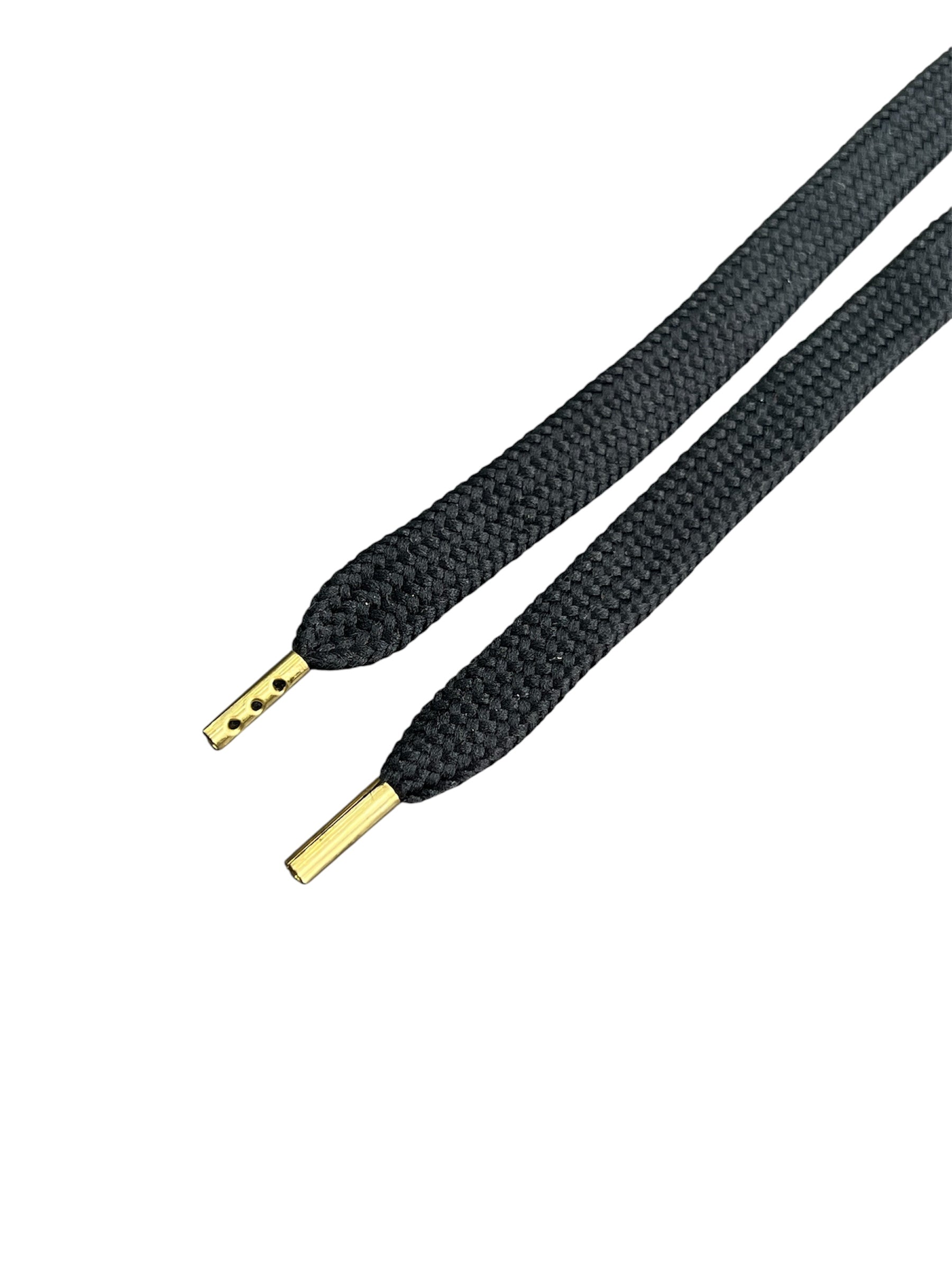 Black flat shoelaces with gold tips.