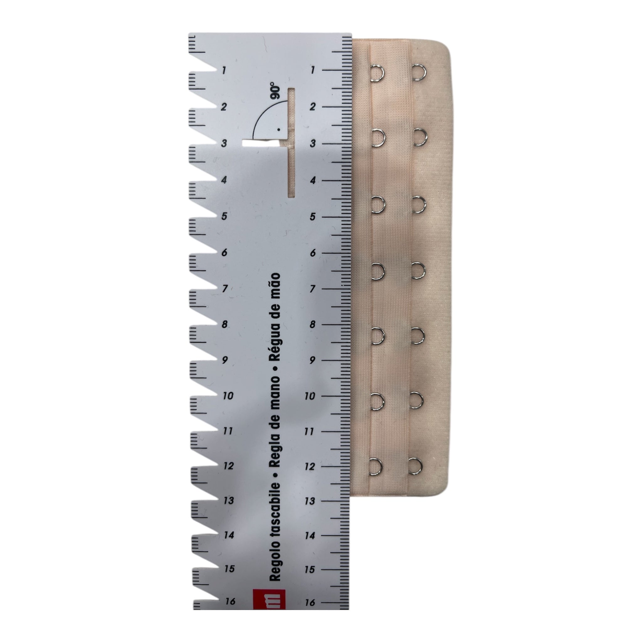Bra extender with multiple hooks and a ruler for measurement.