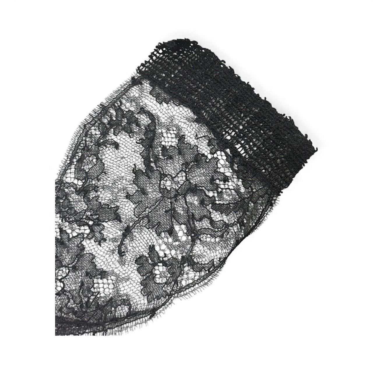 Black lace trim with a floral pattern and a ribbed edge.