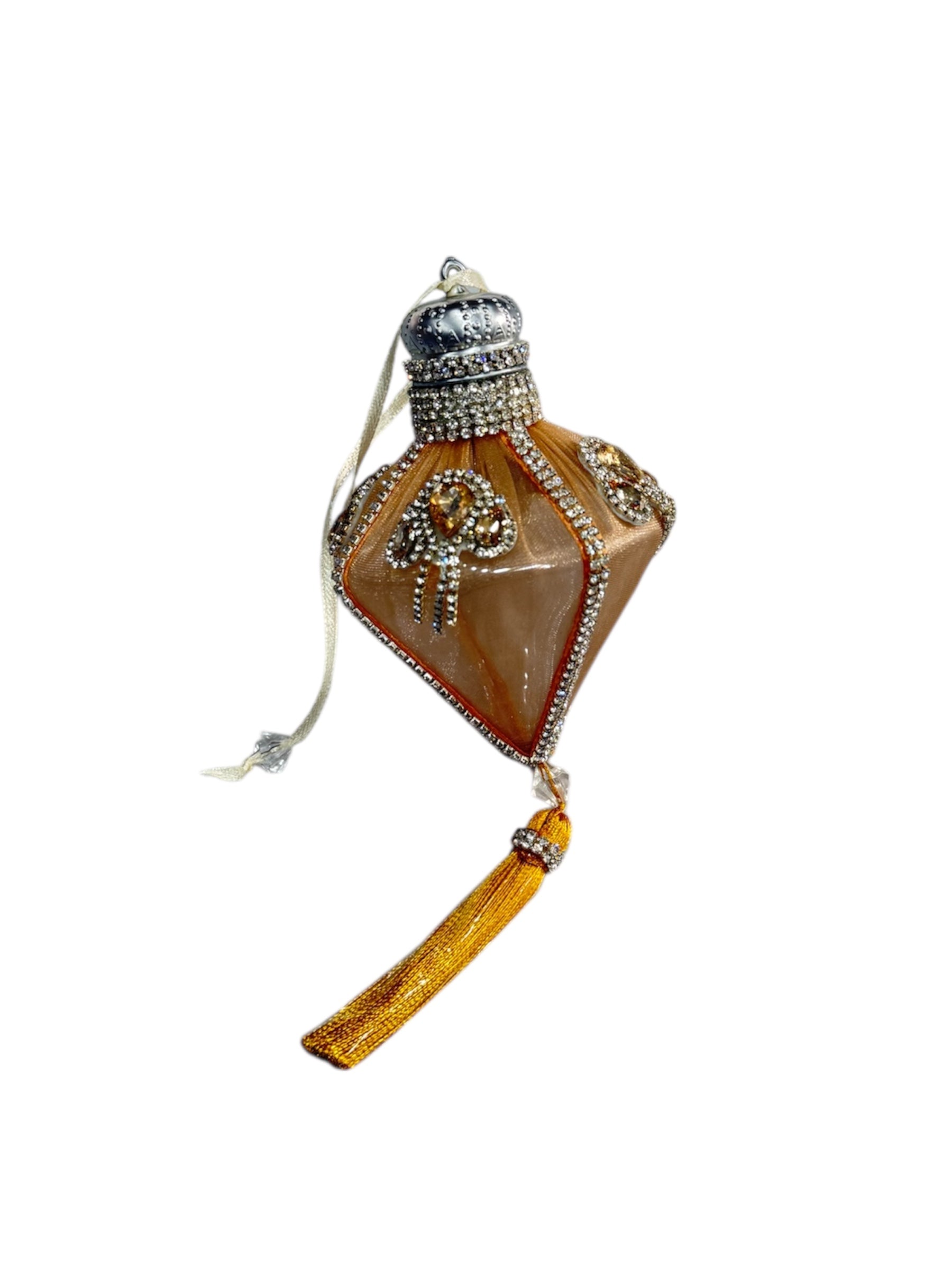 Diamond shaped Christmas ornament with gold tassel and rhinestone accents.