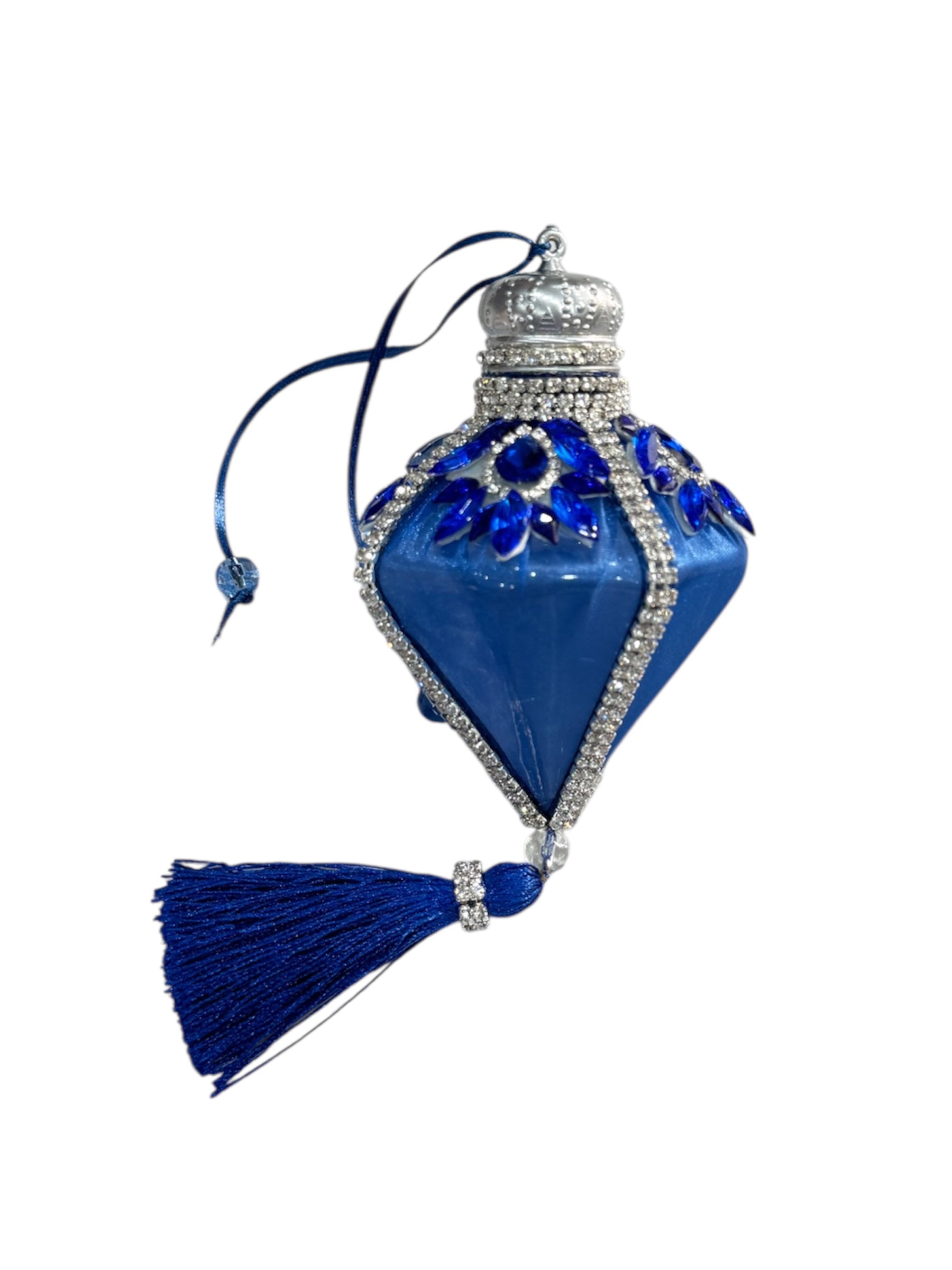 Blue diamond-shaped Christmas ornament with crown, rhinestones, and tassel.