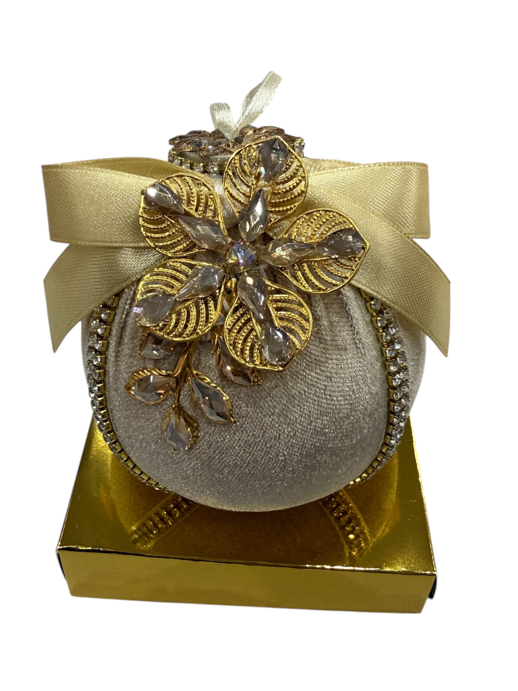 Round hand-embroidered Christmas ornament with gold ribbon and crystal flower.
