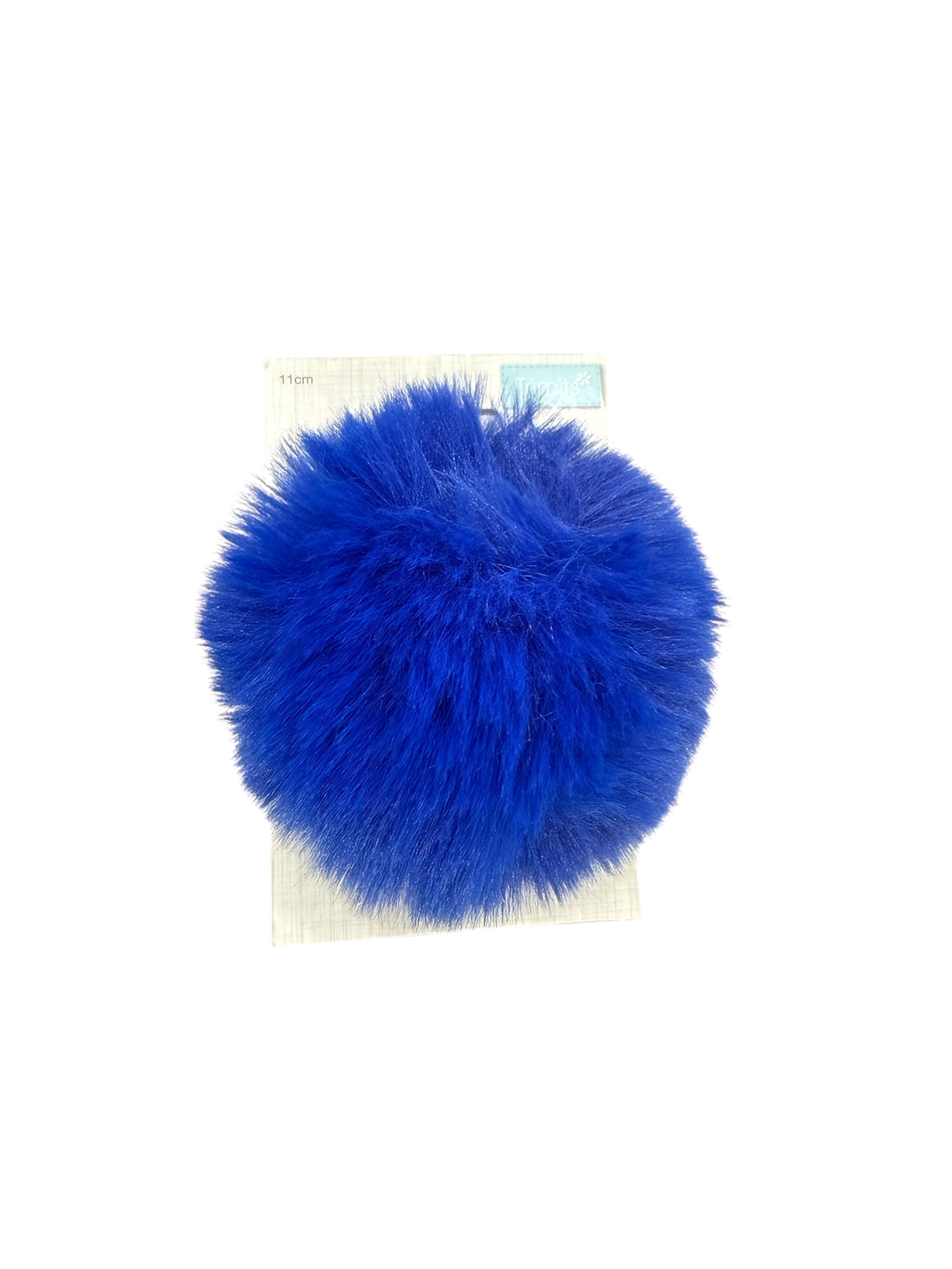 A blue 11cm faux fur pompom on a white background.