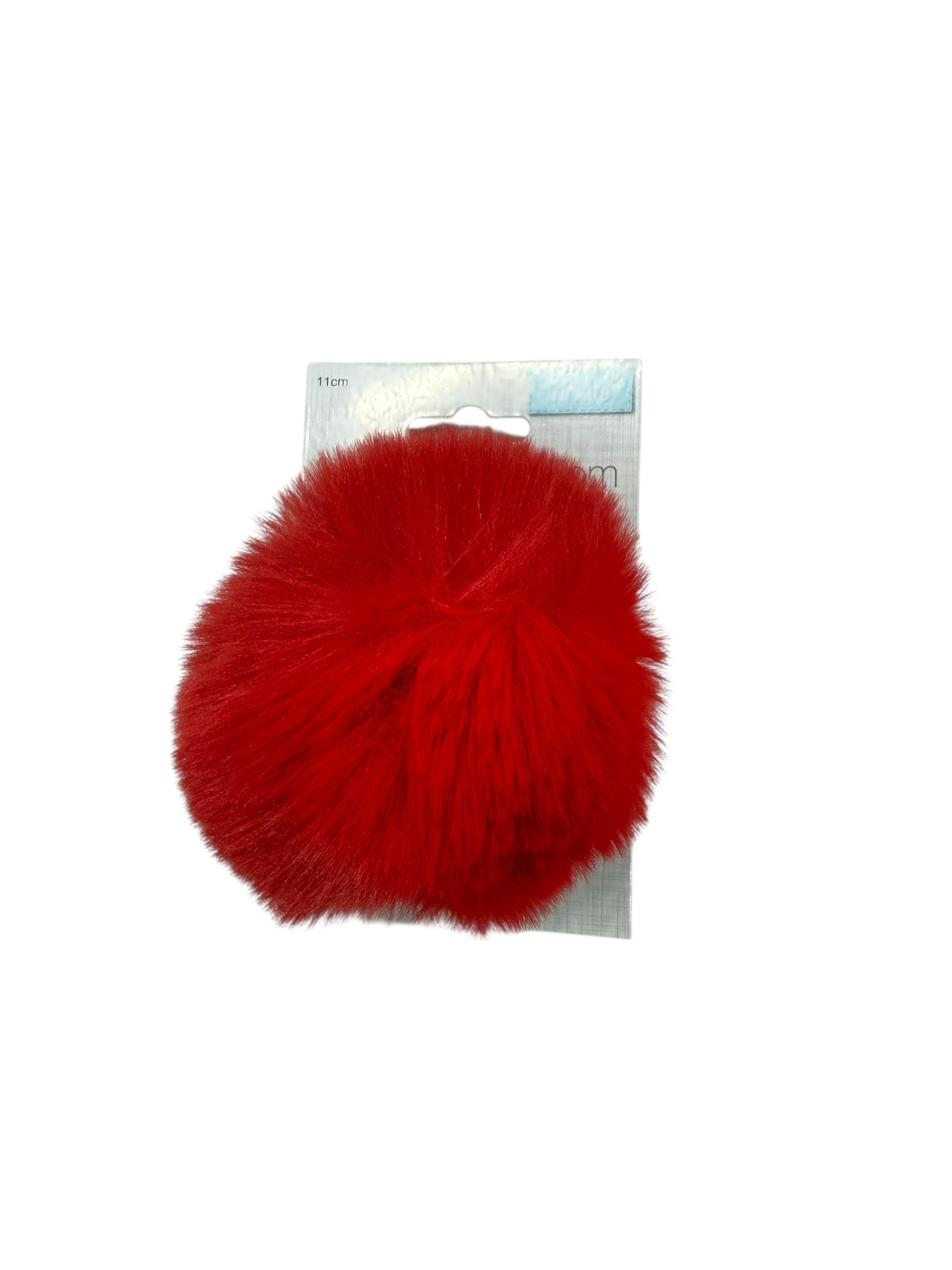 Red 11cm faux fur pompom on packaging.