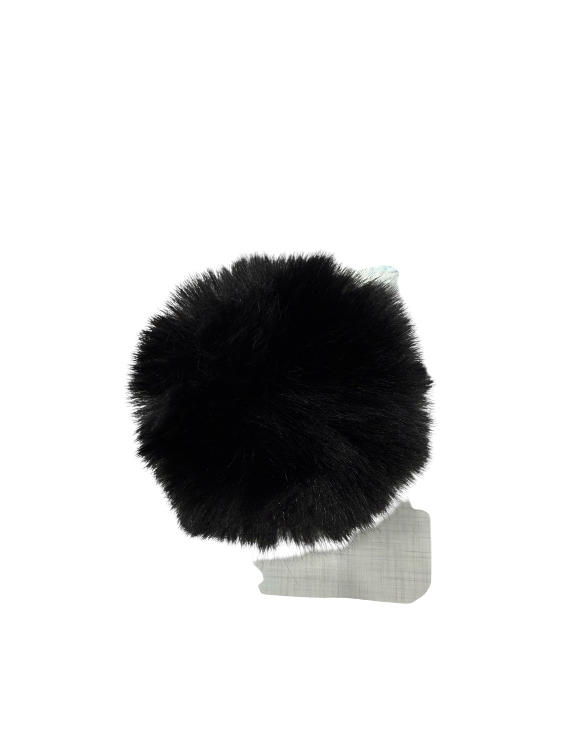 Black 11cm faux fur pompon with a grey backing.