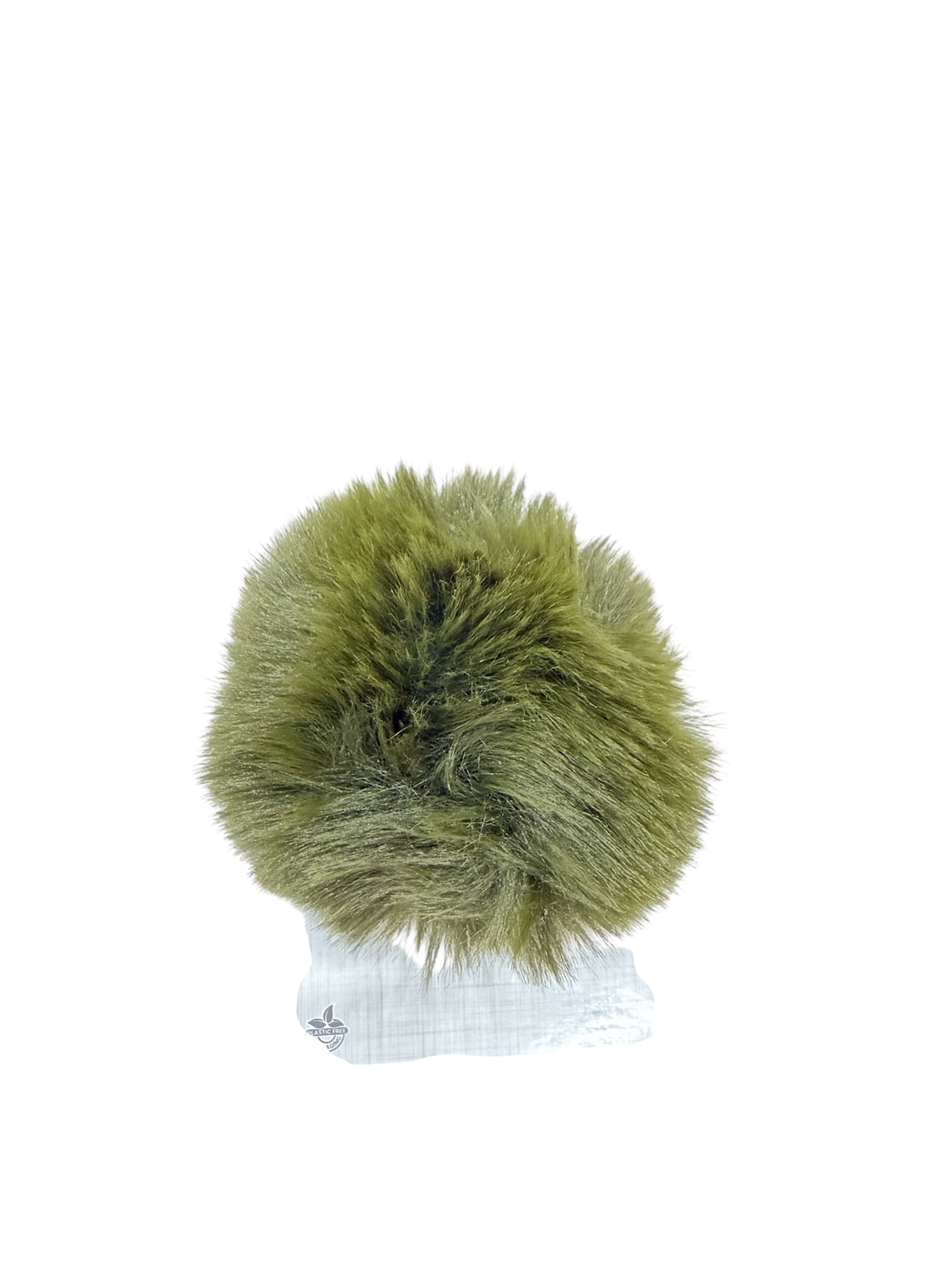 A fluffy olive green faux fur pompom with a white ribbon loop.