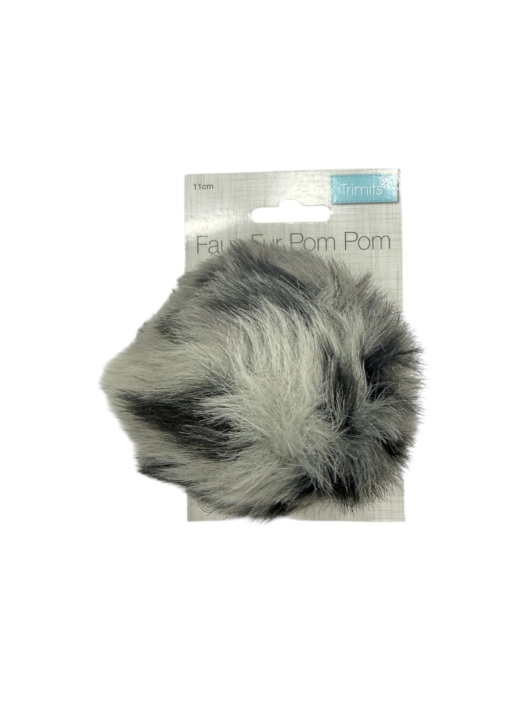 Trimits 11cm faux fur pom pom in grey and black.