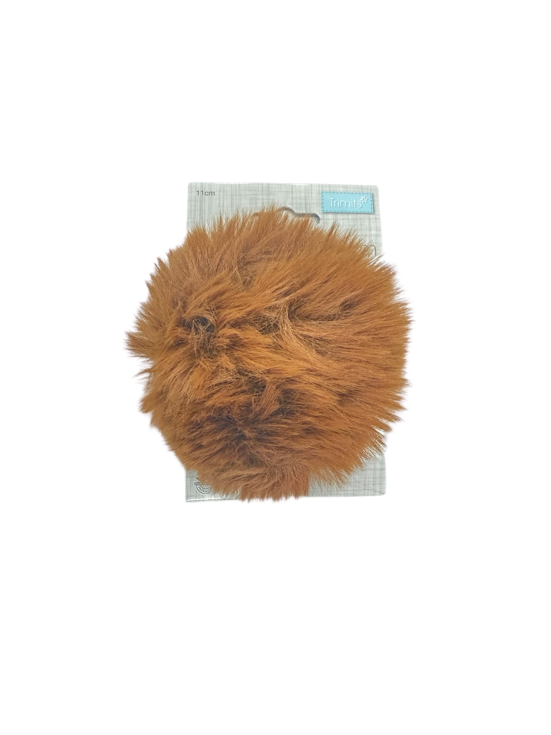 Trimits 11cm brown faux fur pompon on packaging.