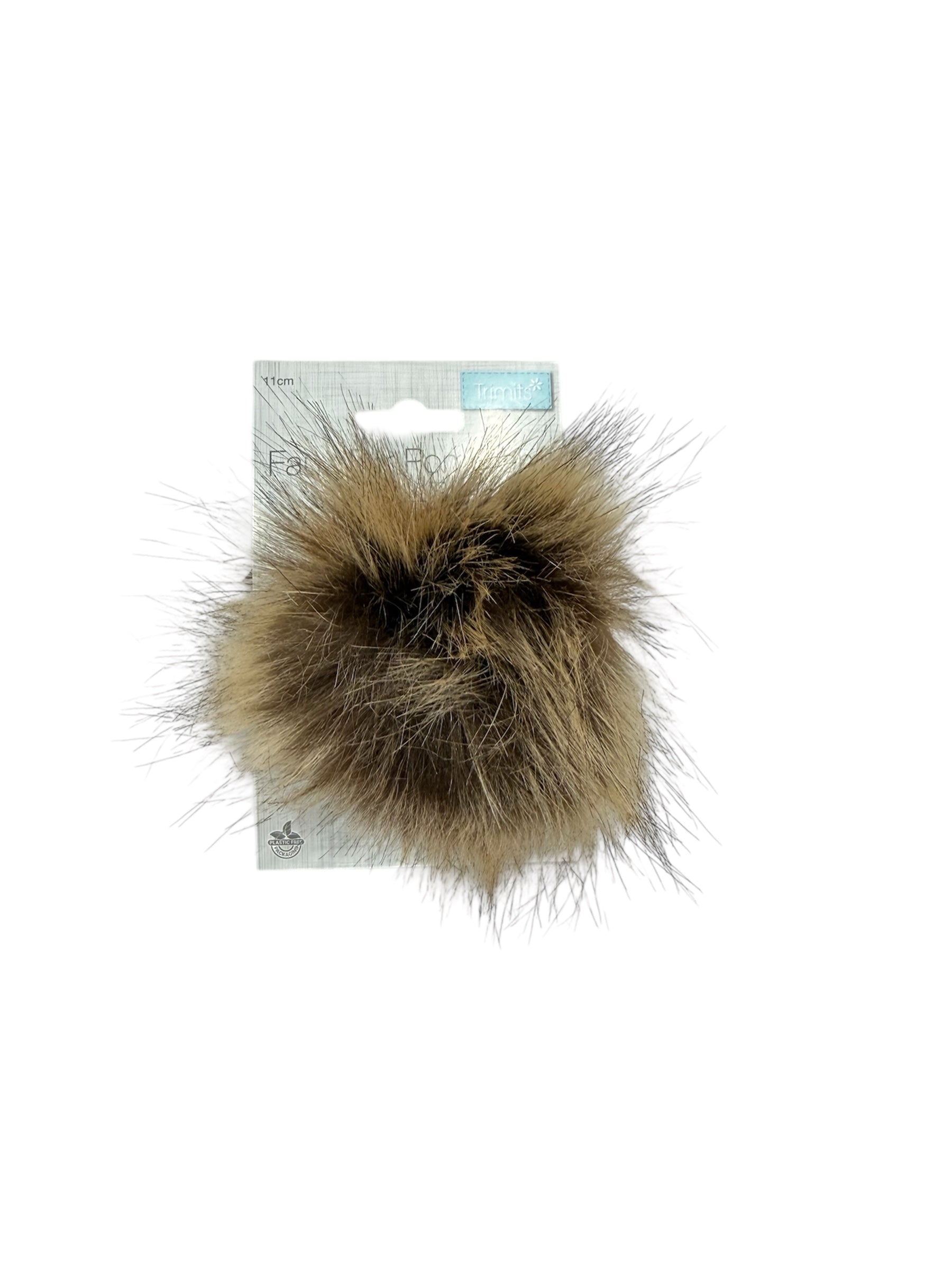 Trimits 11cm faux fur pompon in brown on packaging.