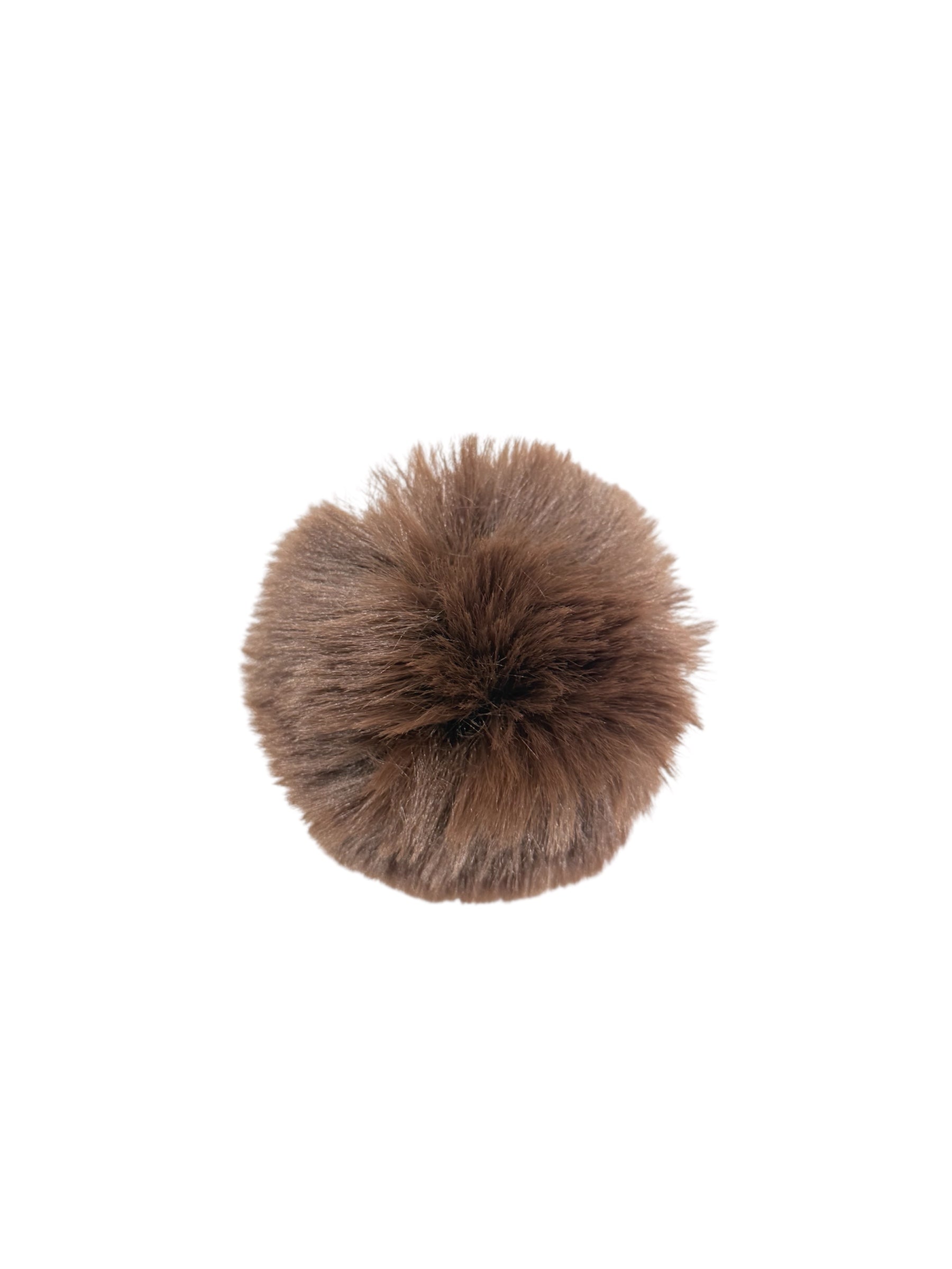 A brown faux fur pompom with a fluffy texture.