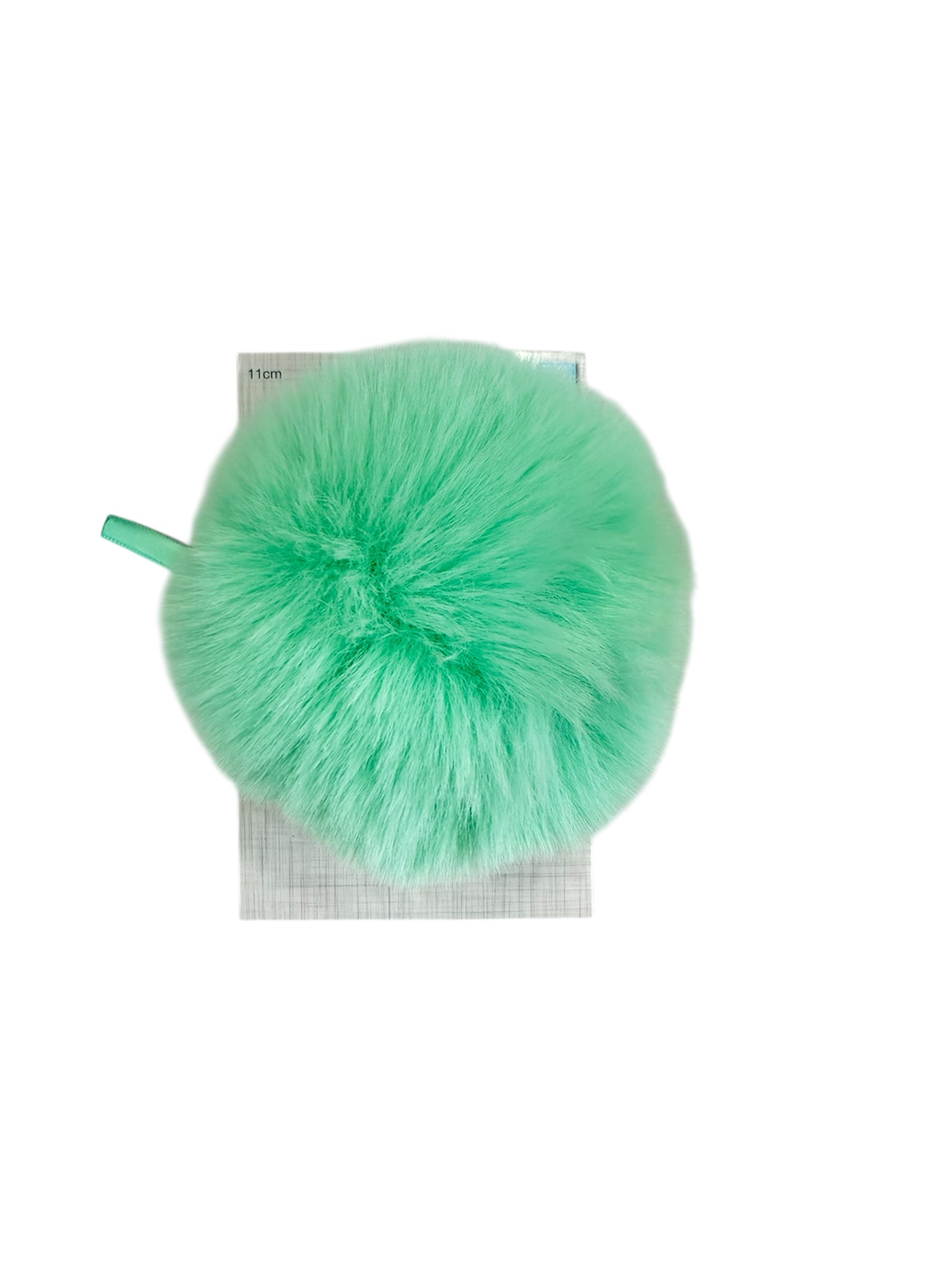 Trimits 11cm faux fur pompon in mint green with a ribbon loop.