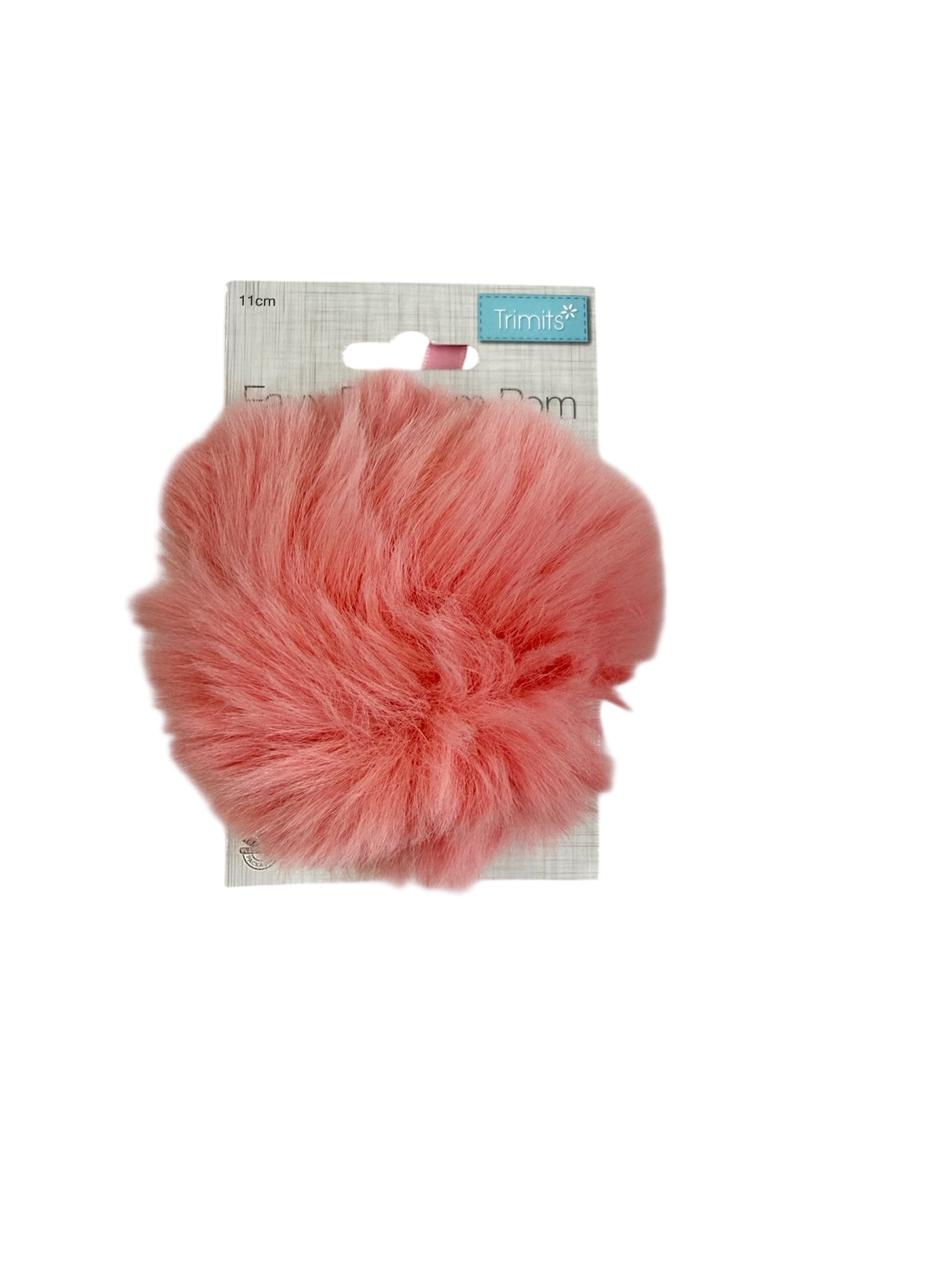 Trimits 11cm pink faux fur pompon on packaging.