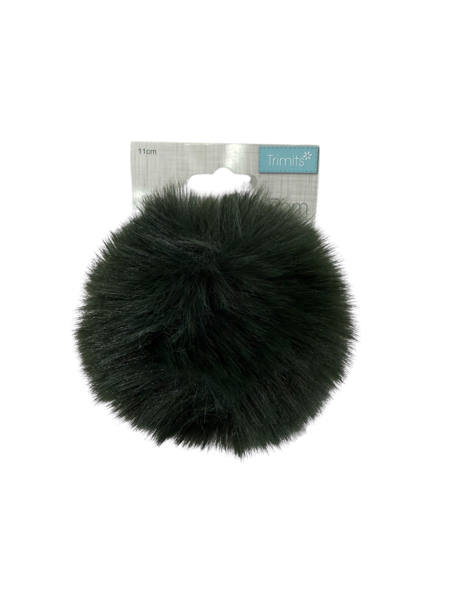 A dark green 11cm faux fur pompom from Trimits.
