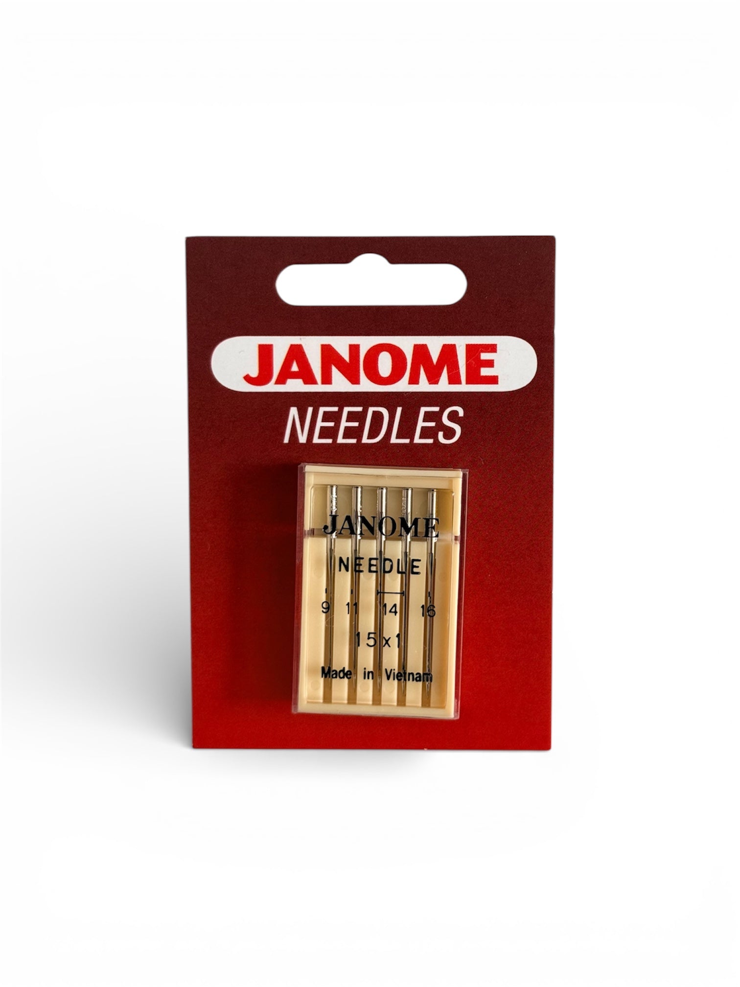 Janome assorted sewing needles in a package with sizes 9, 11, 14, and 16.
