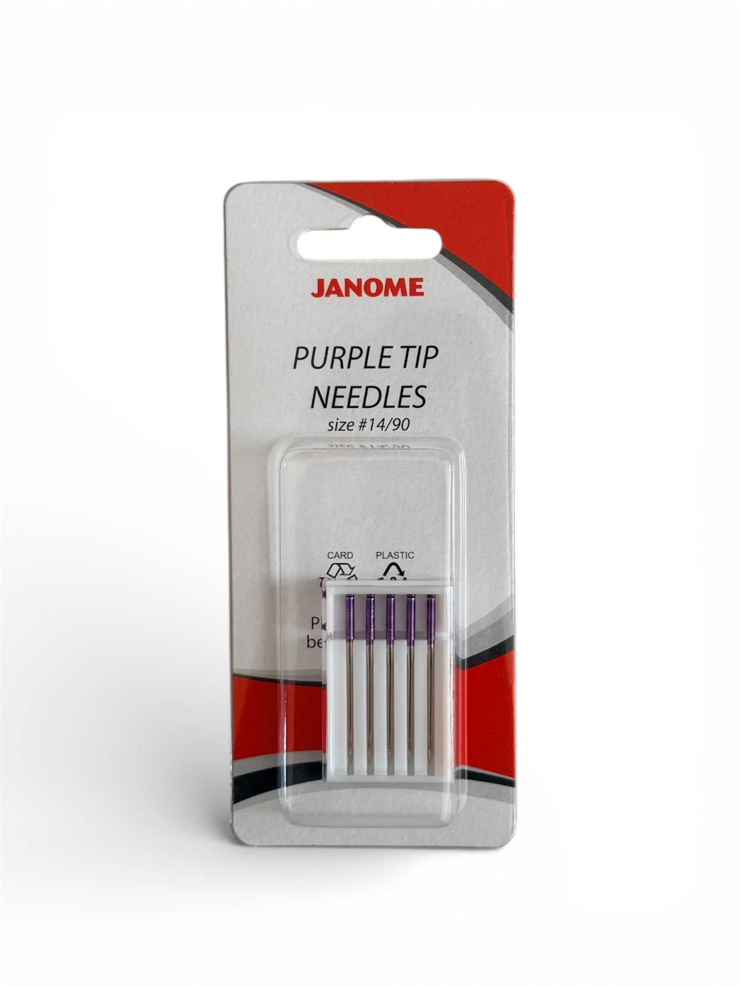 Janome purple tip sewing needles, size 14/90, in packaging.