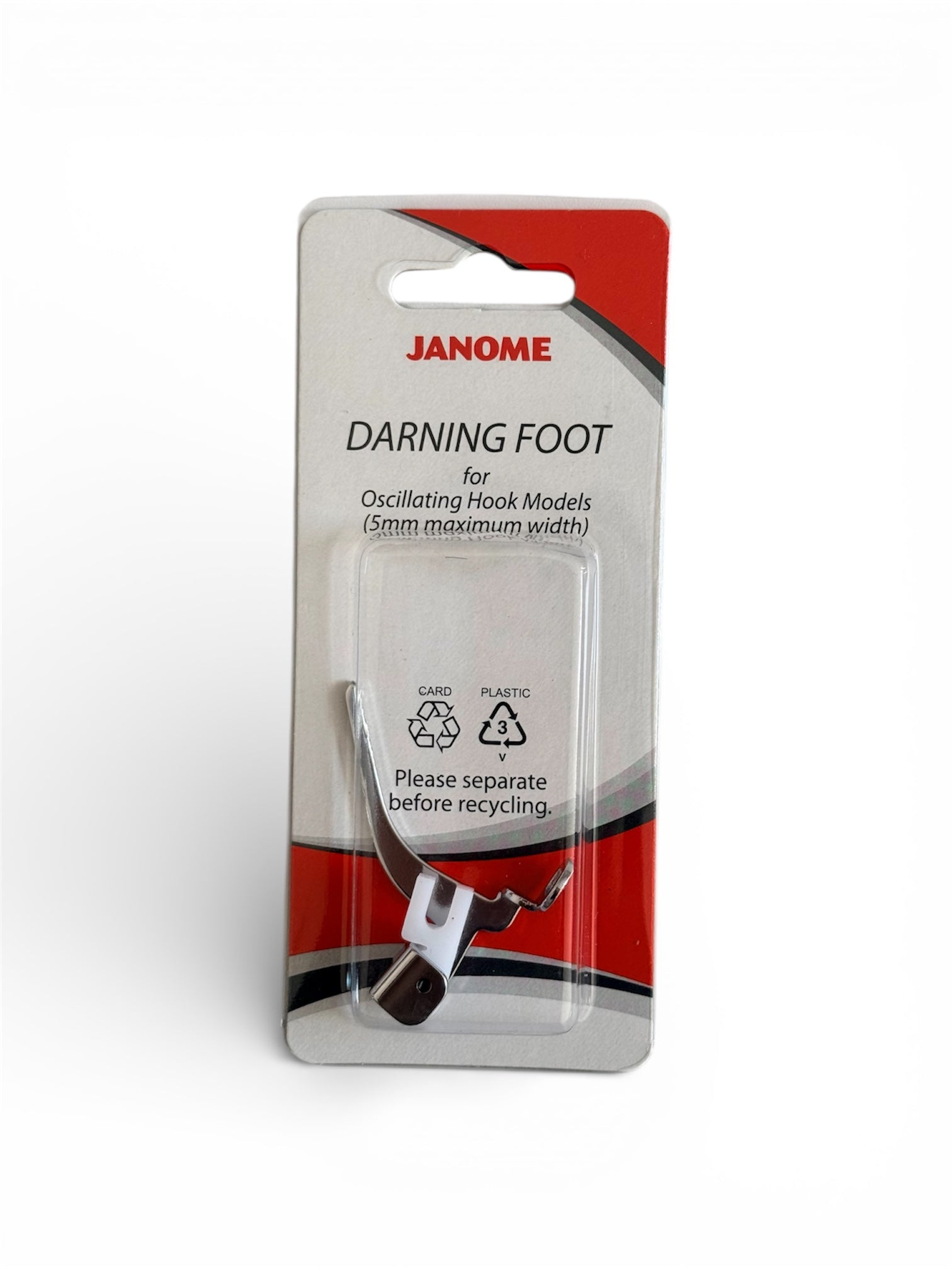 Janome darning foot for oscillating hook models with 5mm maximum width.