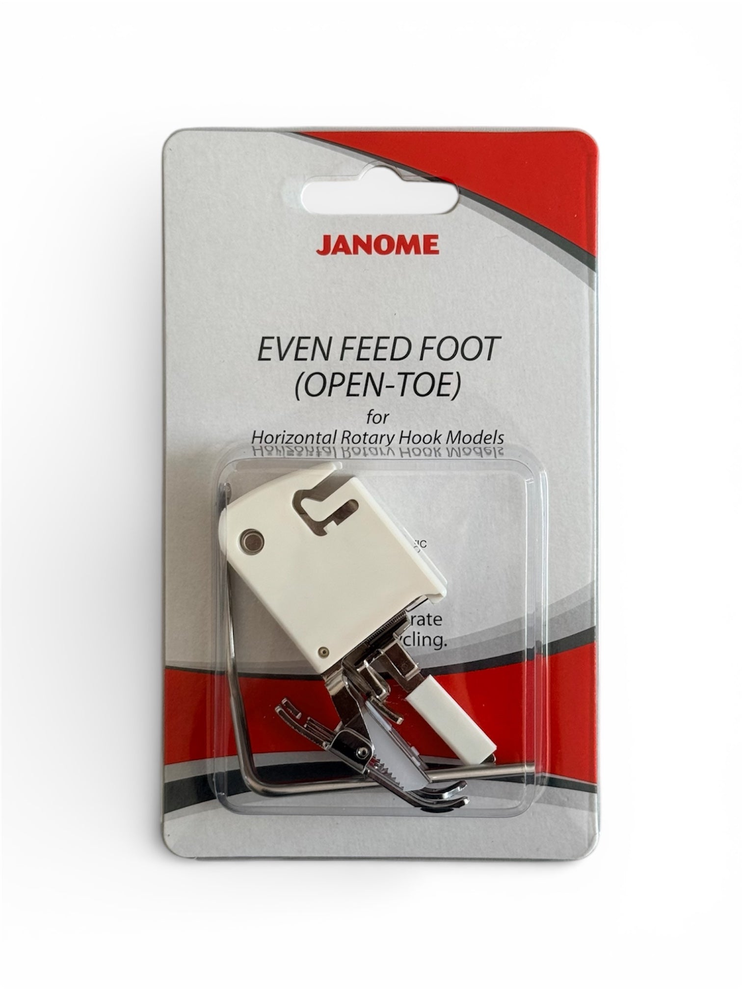 Janome white open-toe even feed foot for horizontal rotary hook sewing machines.