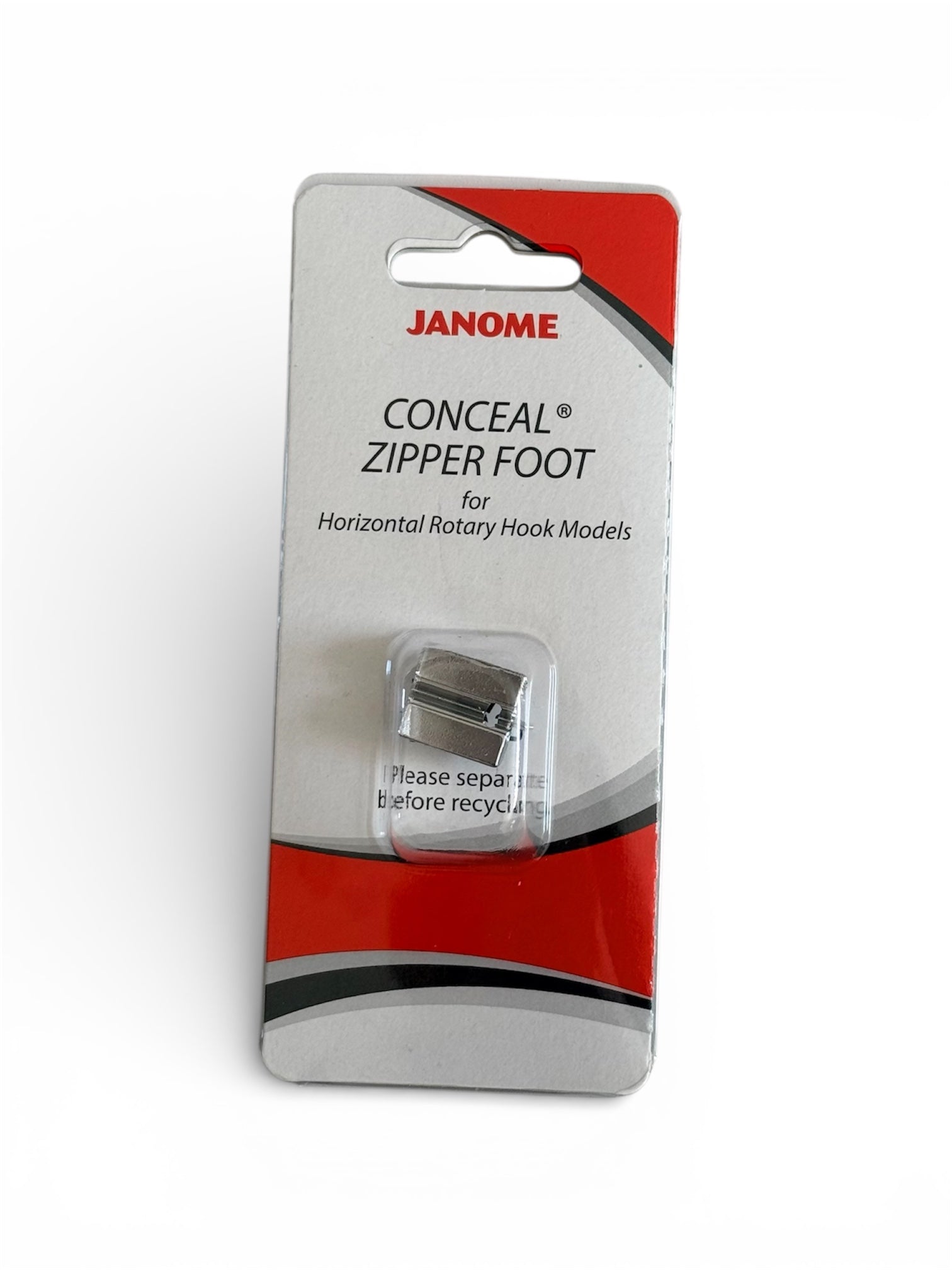Janome conceal zipper foot for horizontal rotary hook models.