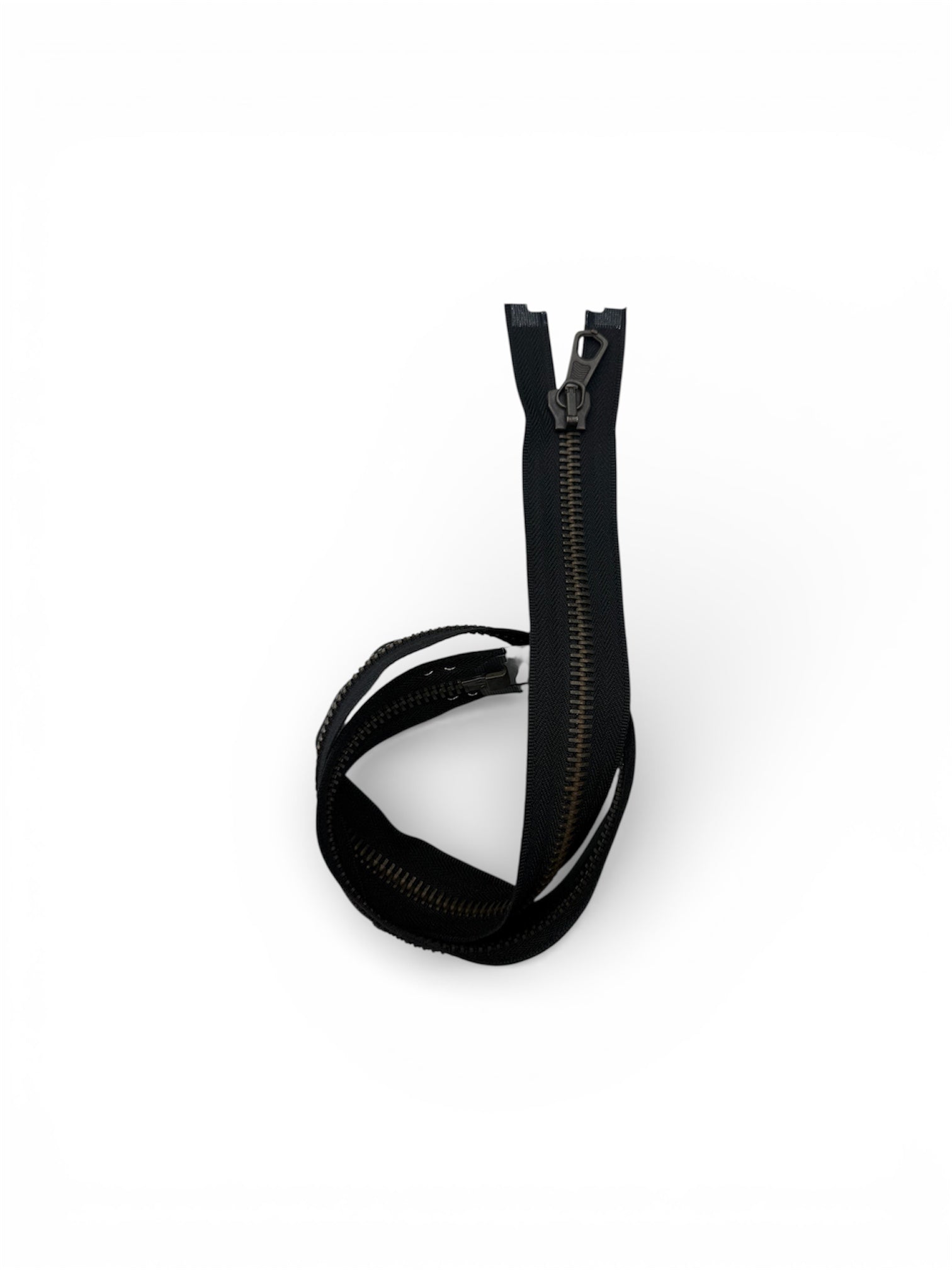 Black heavy duty open-end zipper with brass slider, 80cm long.