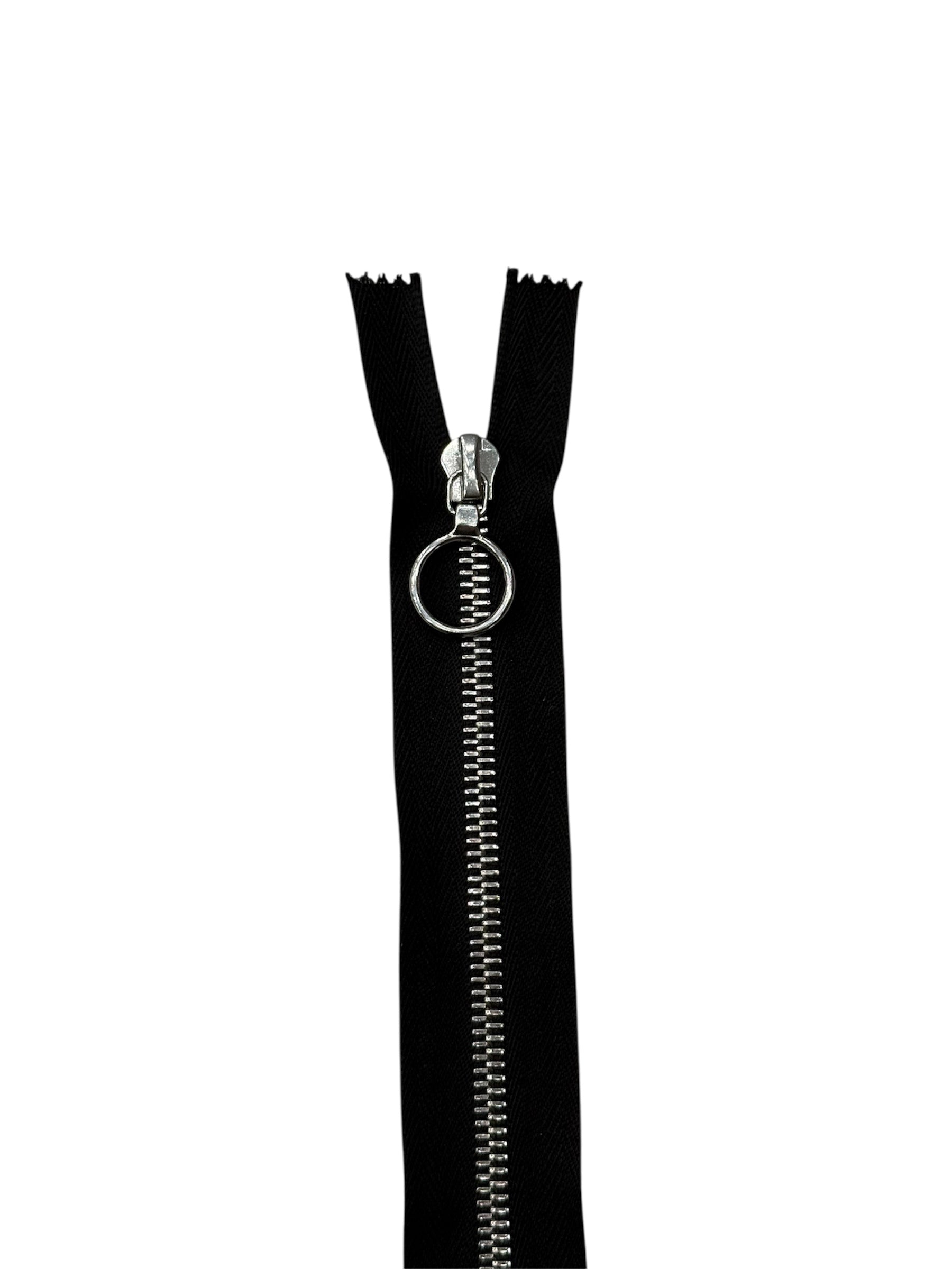 Riri M6 silver metal open end zipper with black tape and a circular ring pull.