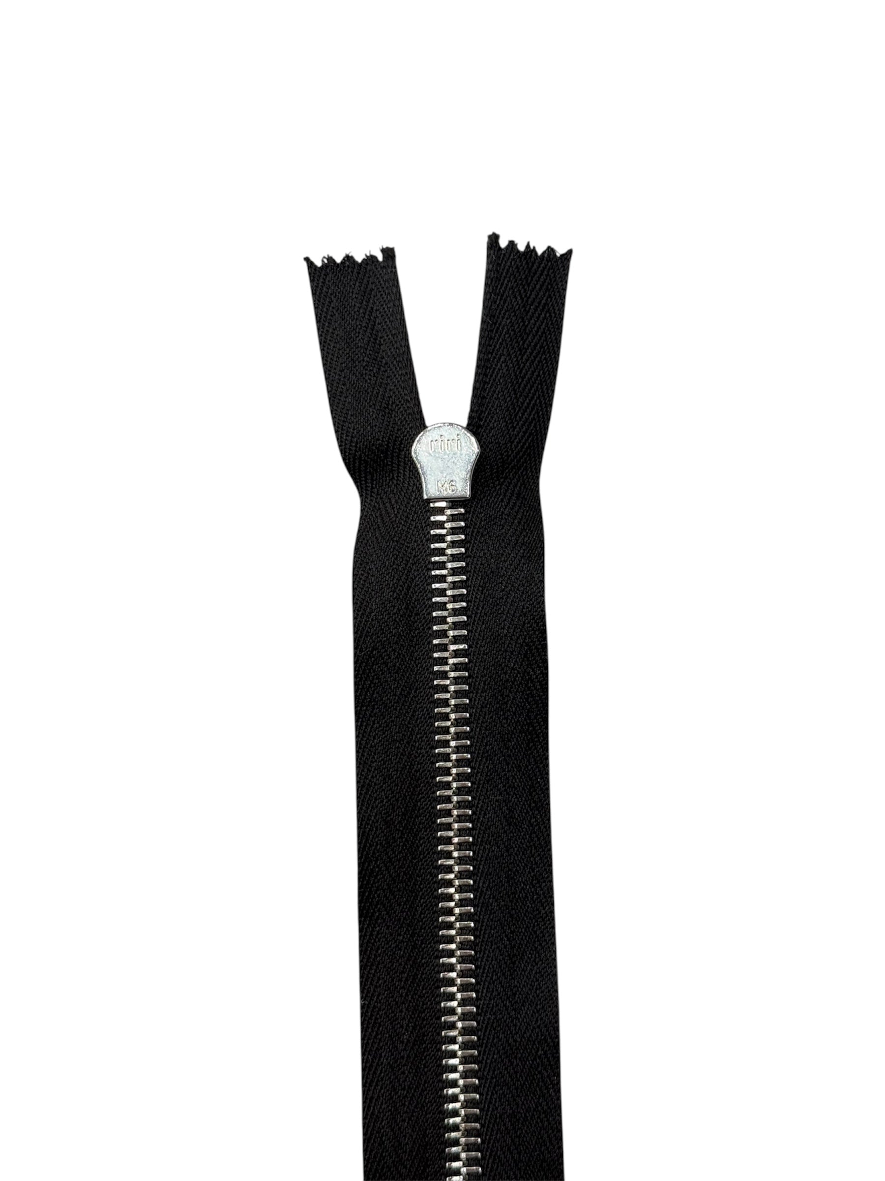 Riri M6 silver metal open end zipper with black tape and a silver slider.