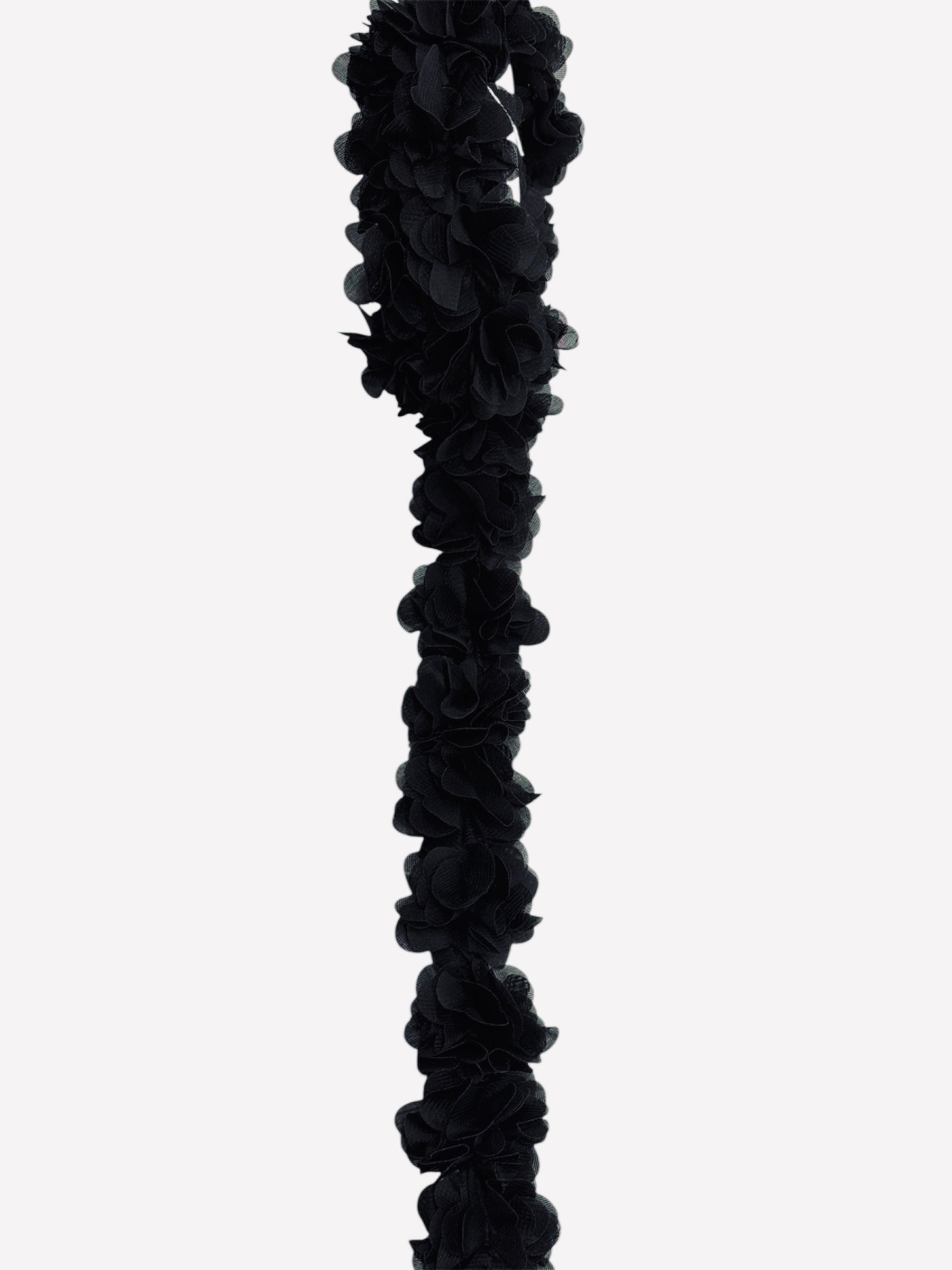 Black 3D ruffled flower lace trim ribbon for sewing and DIY crafts.