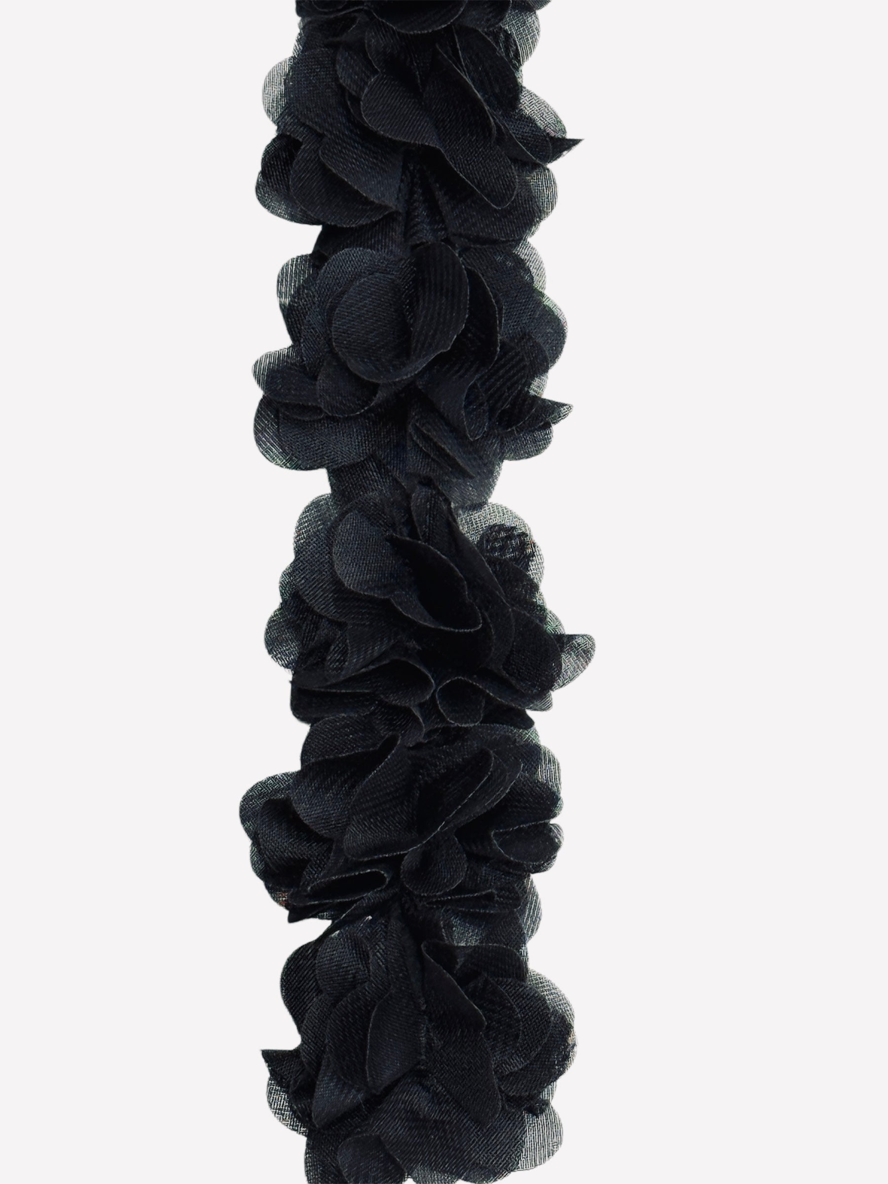 Black 3D ruffled flower lace trim ribbon for sewing and DIY crafts.