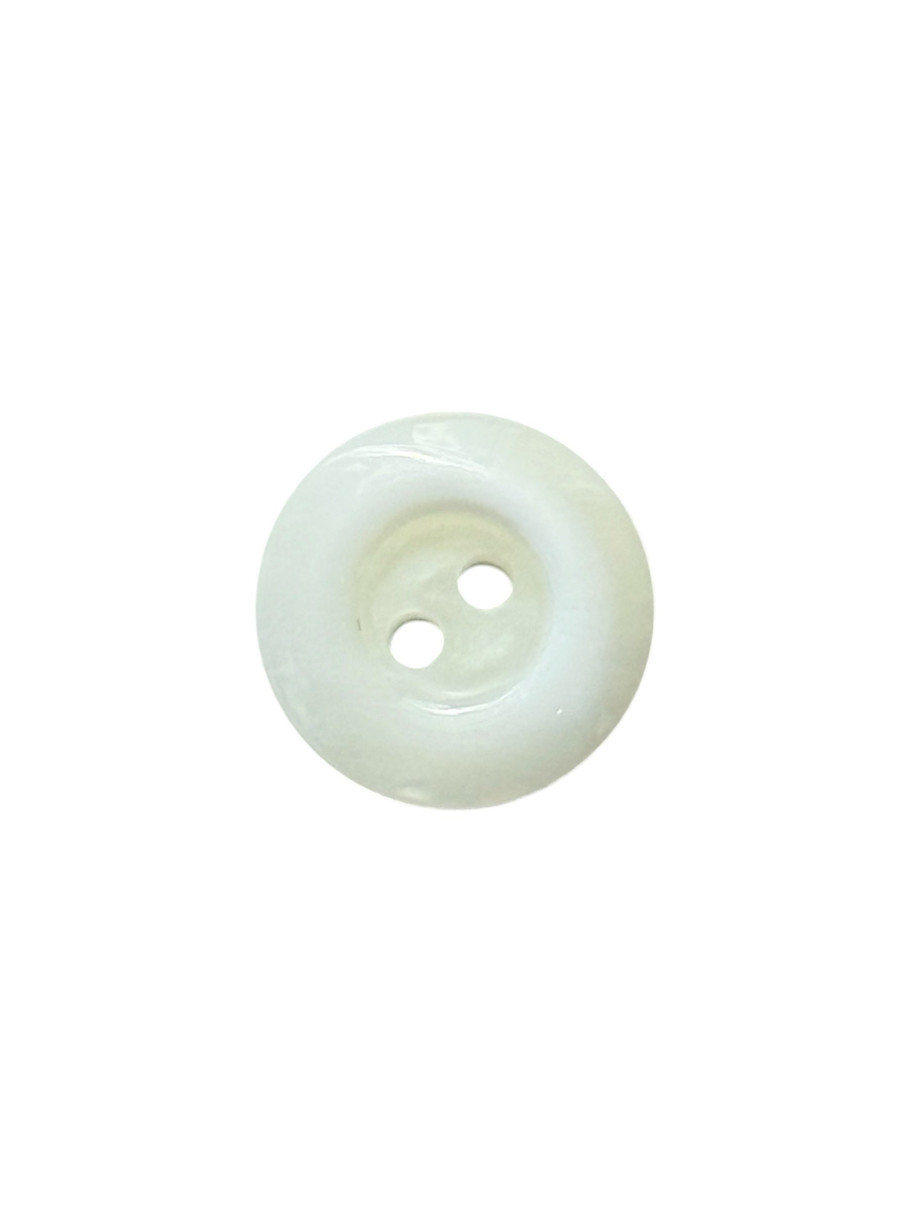 A single shiny ivory plastic button with two holes centered on a white background.