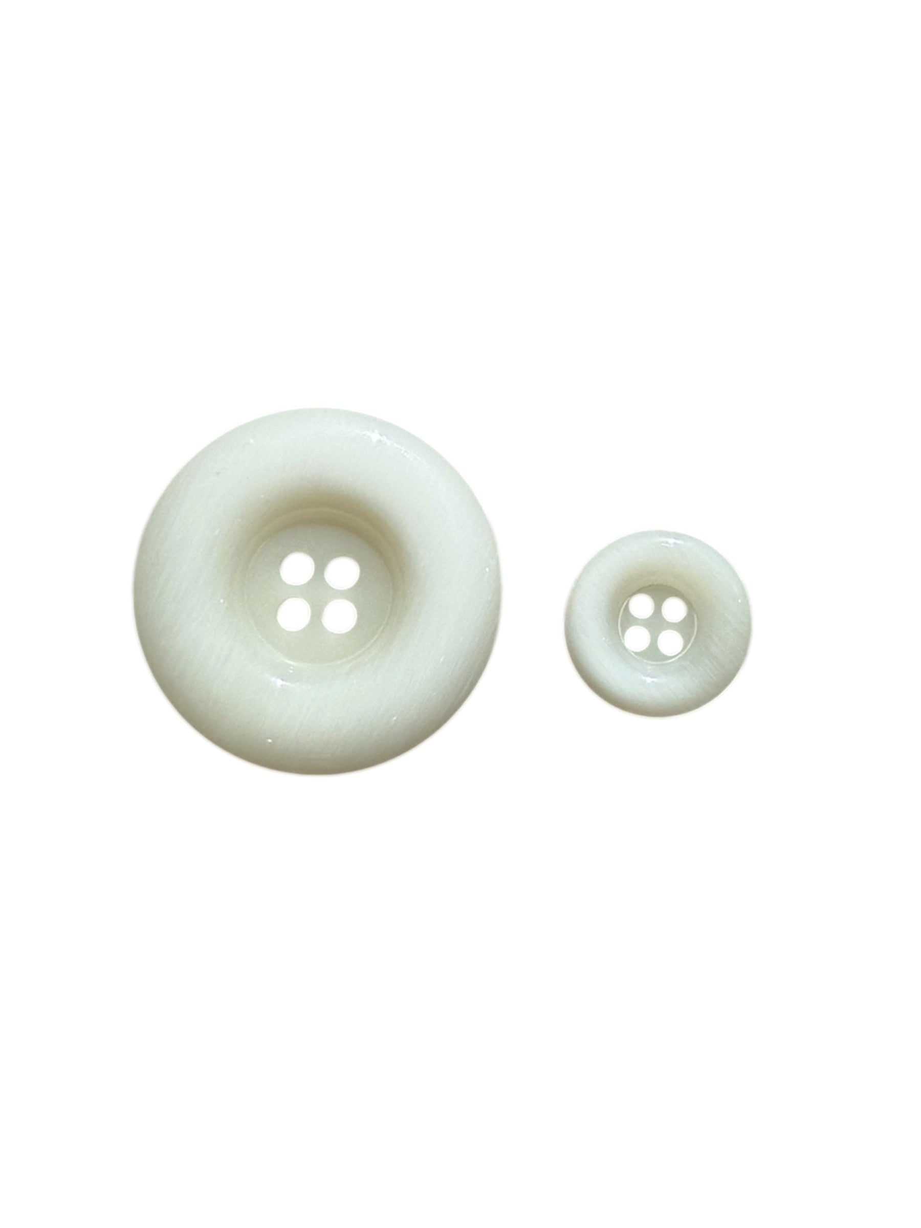 Two shiny white four-hole plastic buttons in different sizes shown against a white background.