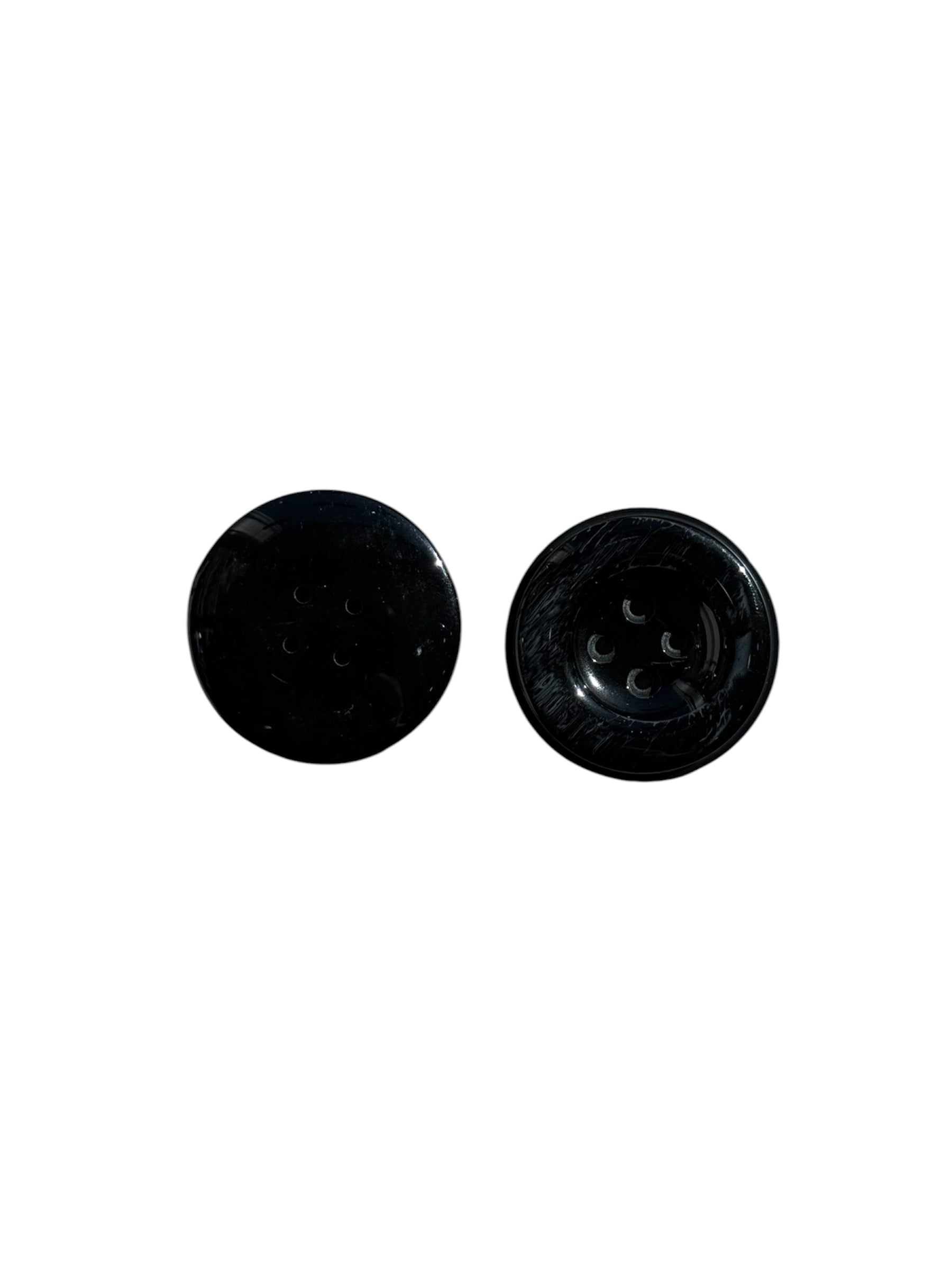 Two black double round 4-hole sewing buttons shown from the front and back on a white background.