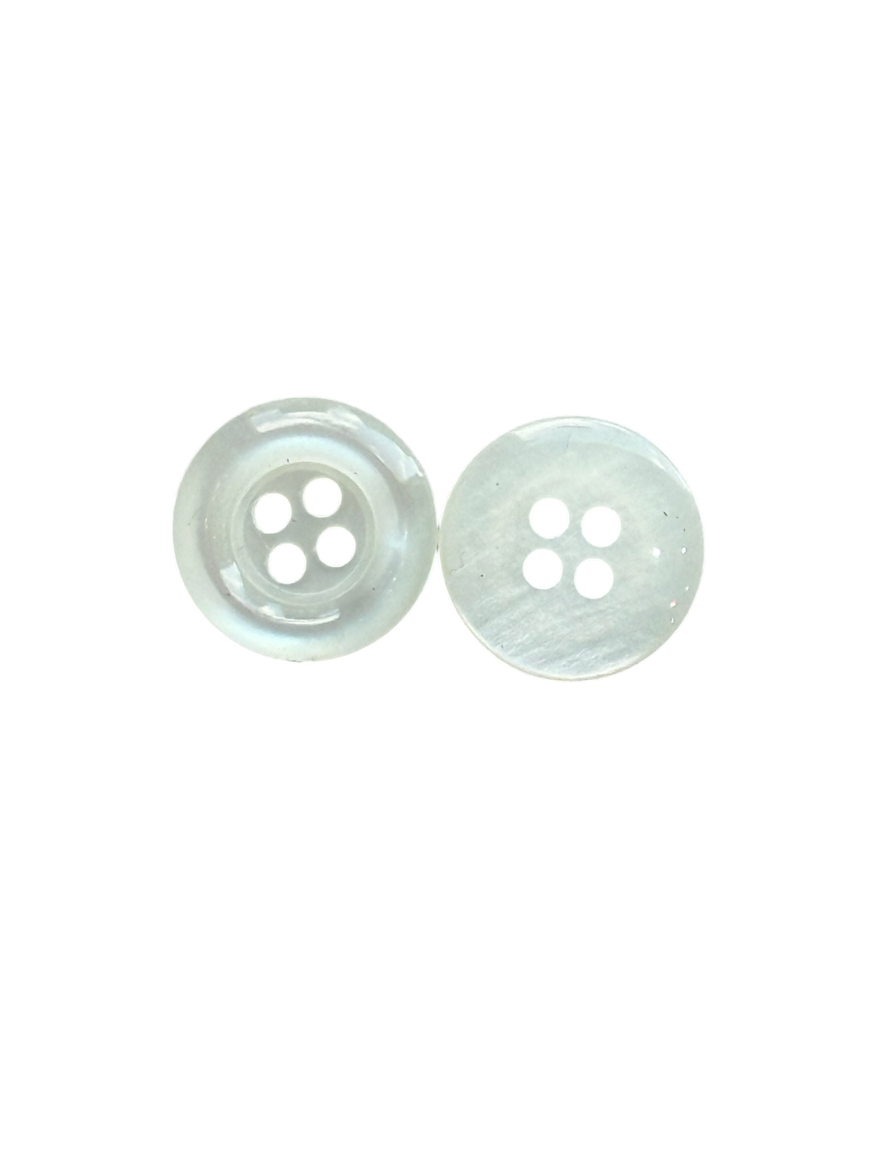 Two white, iridescent four-hole sewing buttons shown side-by-side against a white background.