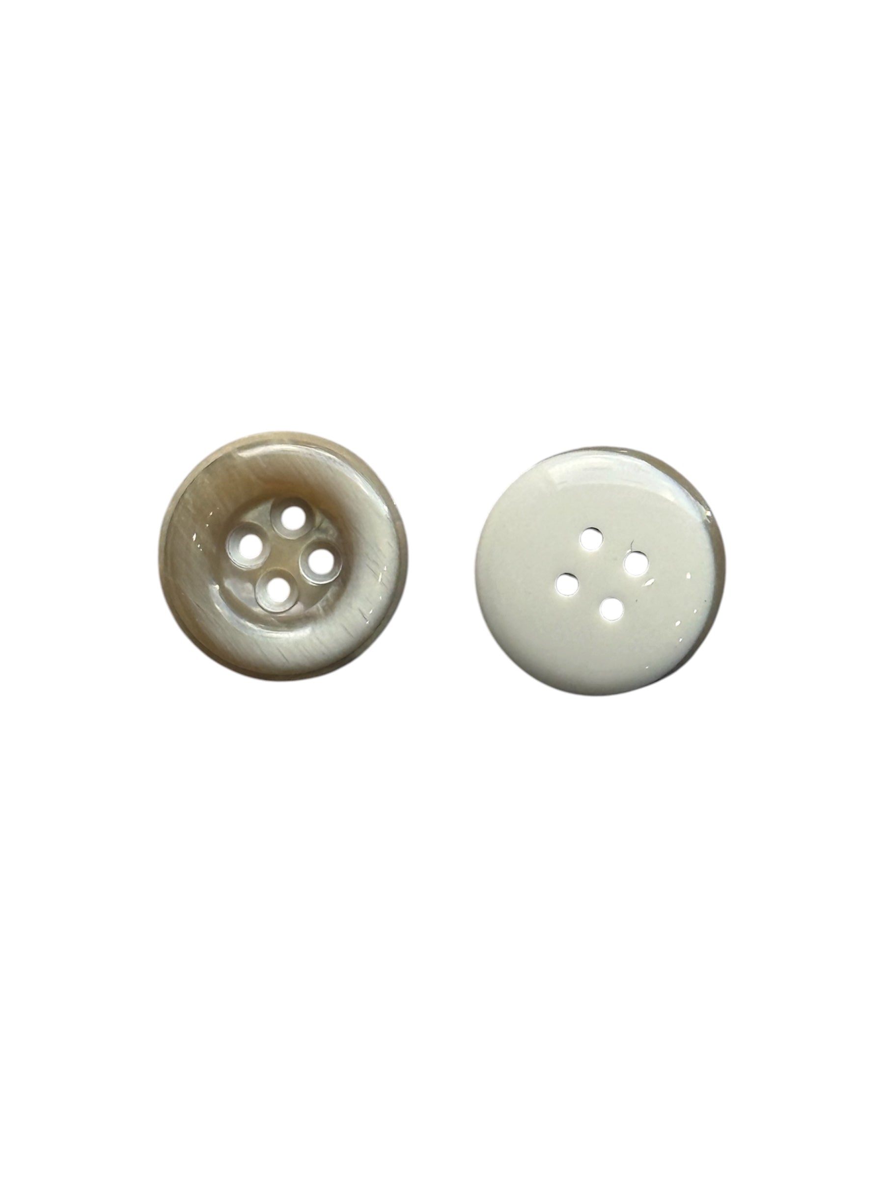 Beige 4-hole sewing buttons with a white tint shown in 15mm and 18mm sizes.
