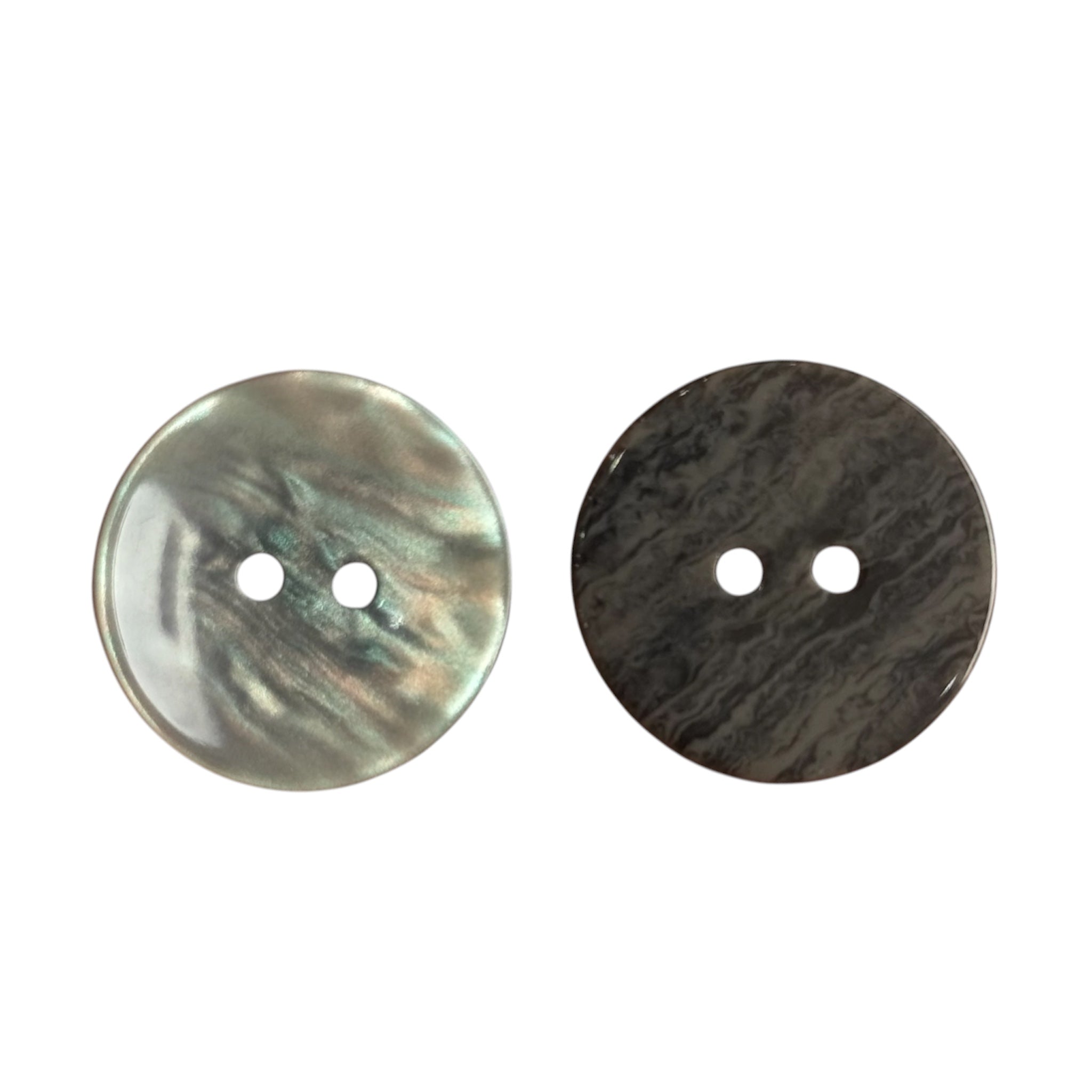 Two 23mm grey textured buttons with two holes, showing iridescent and marbled patterns.