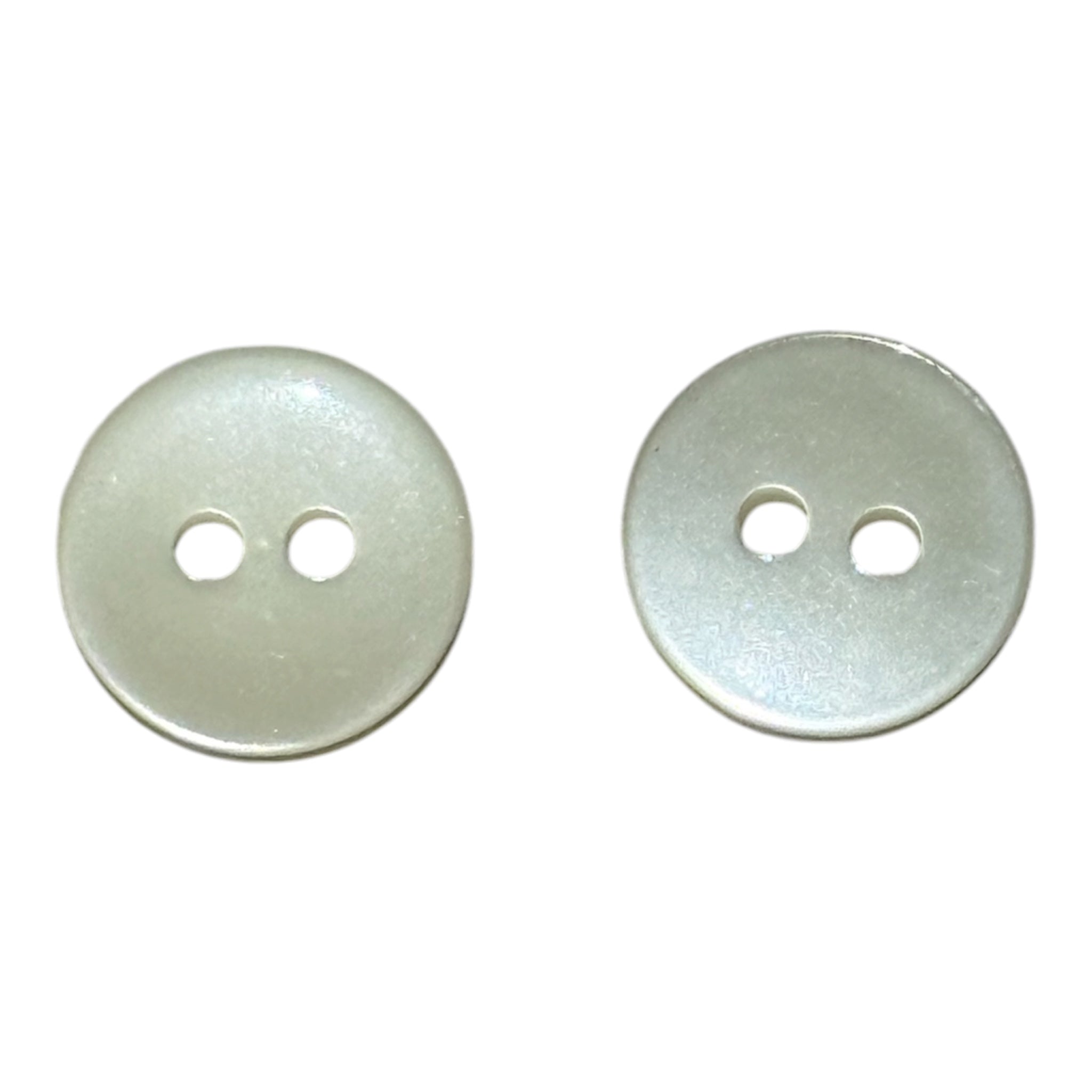Two 12mm shiny ivory 2-hole buttons on a white background.