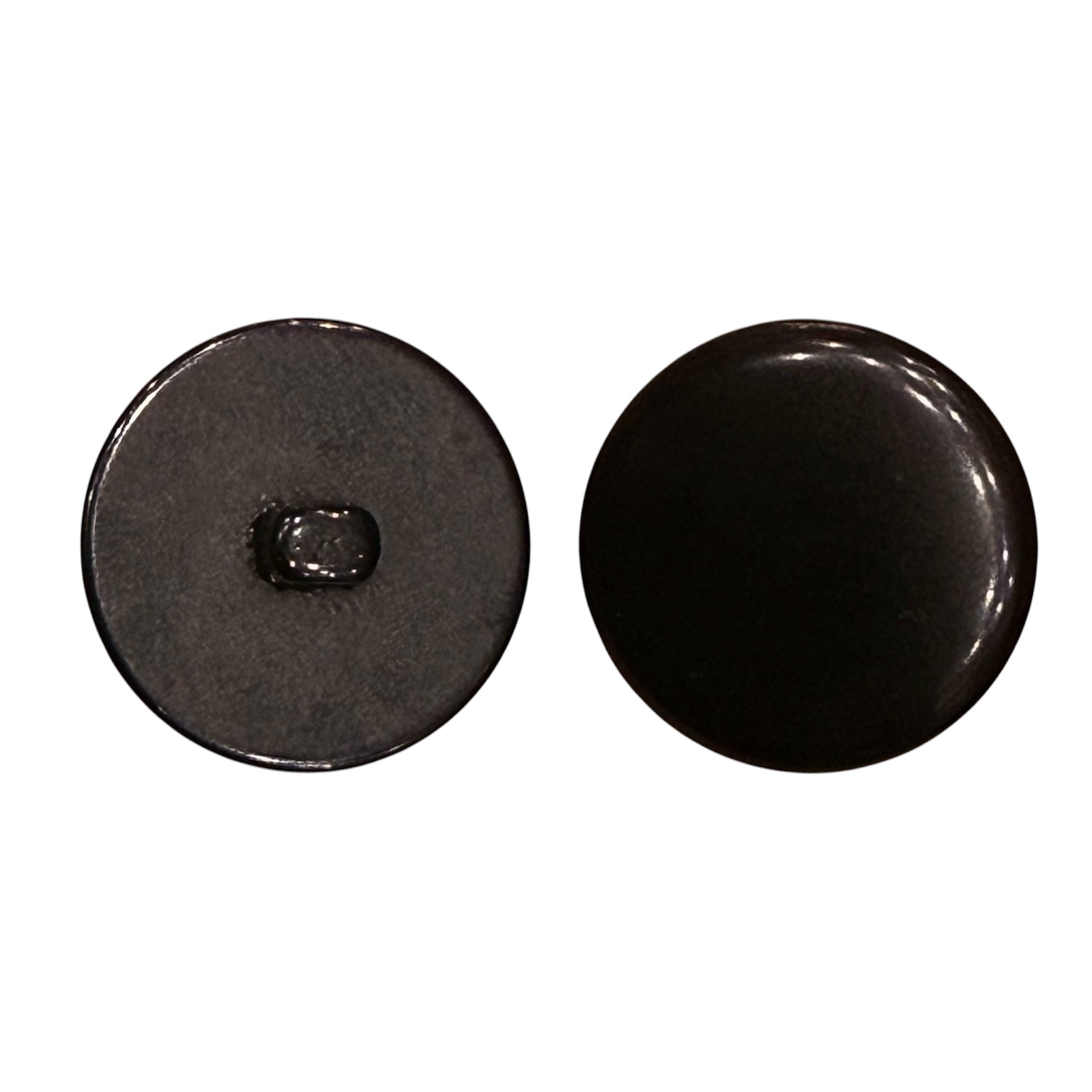 Two plain black shank buttons showing the front and back views on a white background.