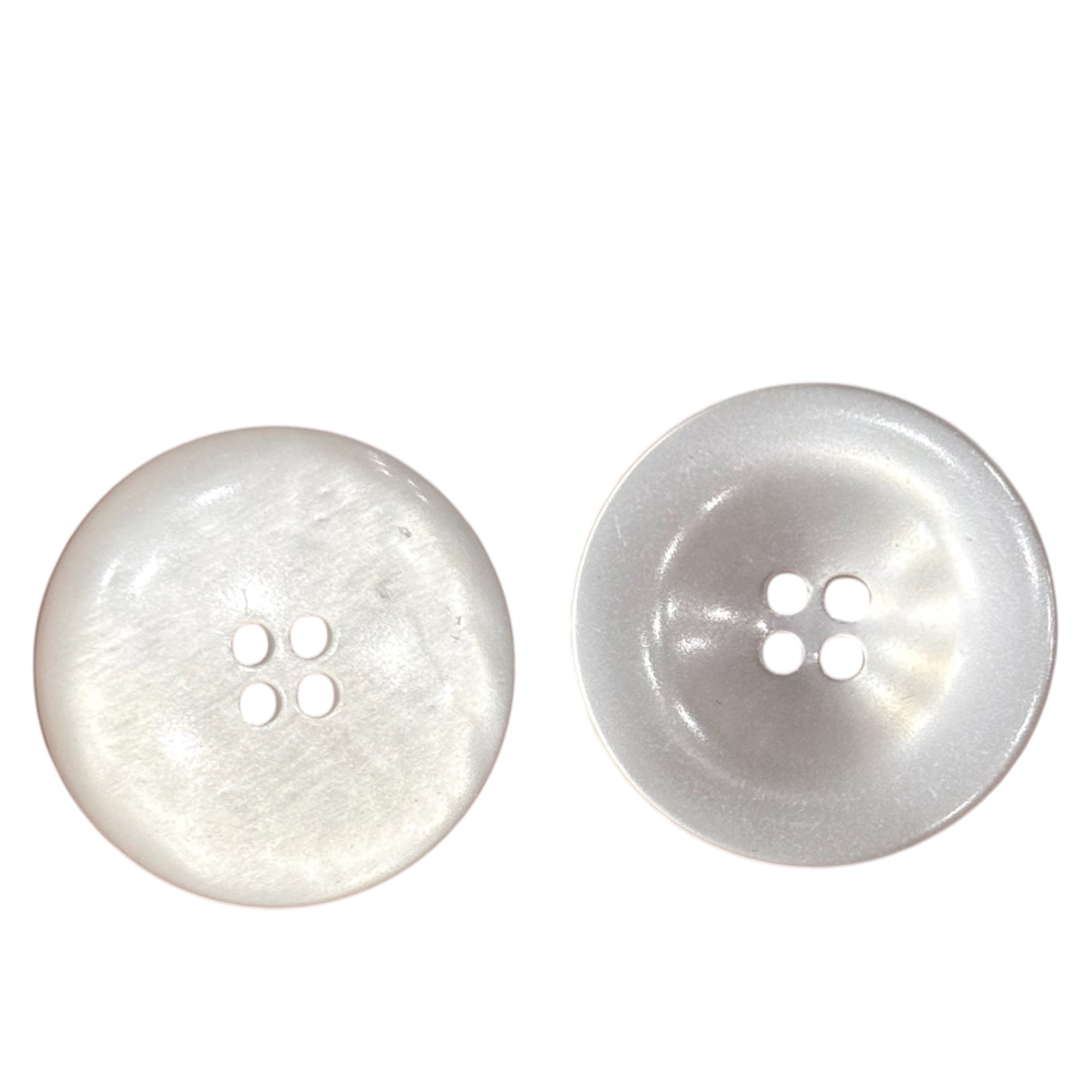Two 26mm white round buttons with four holes and a pearlescent finish.