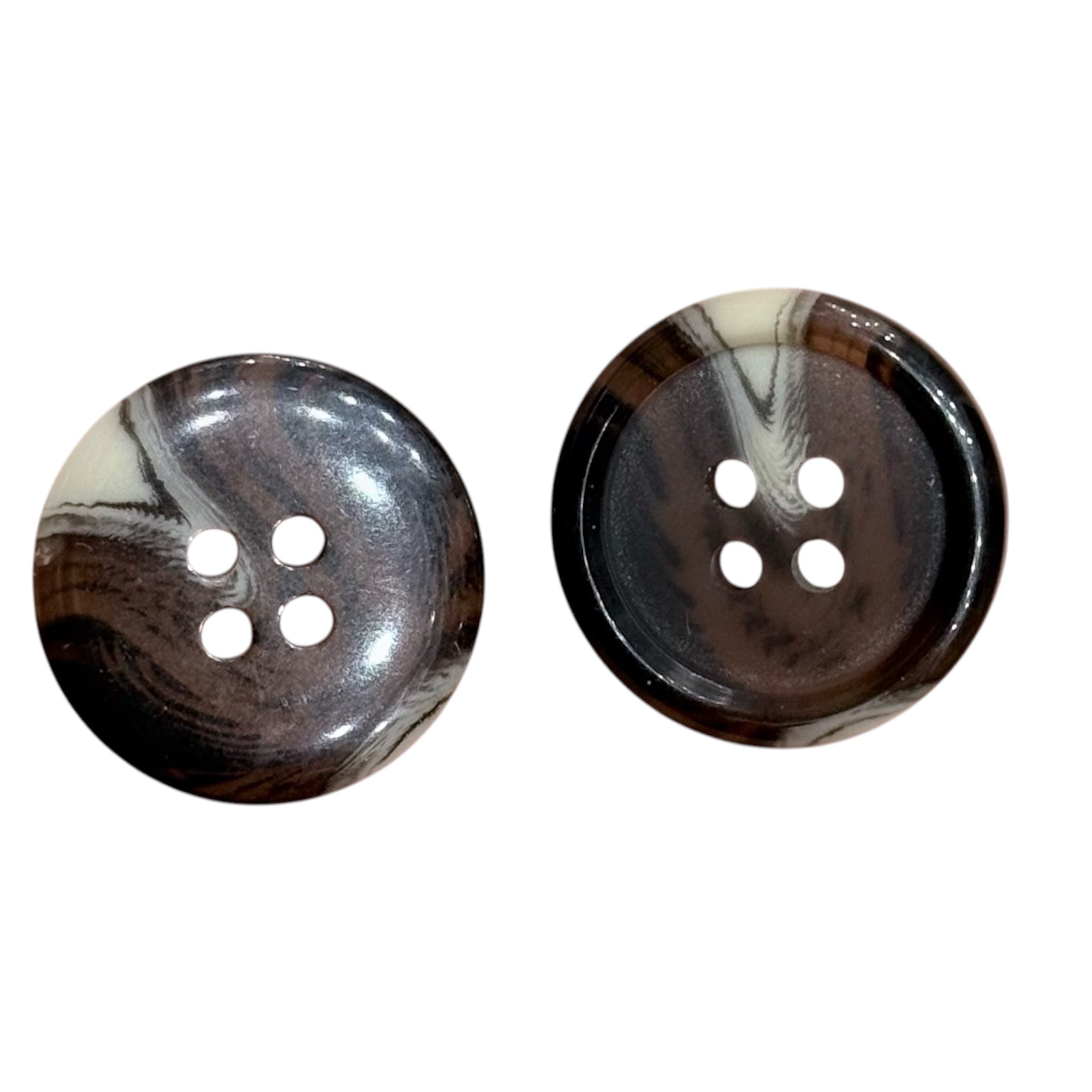 Two 21mm dark brown textured buttons with four holes and a marbled pattern.