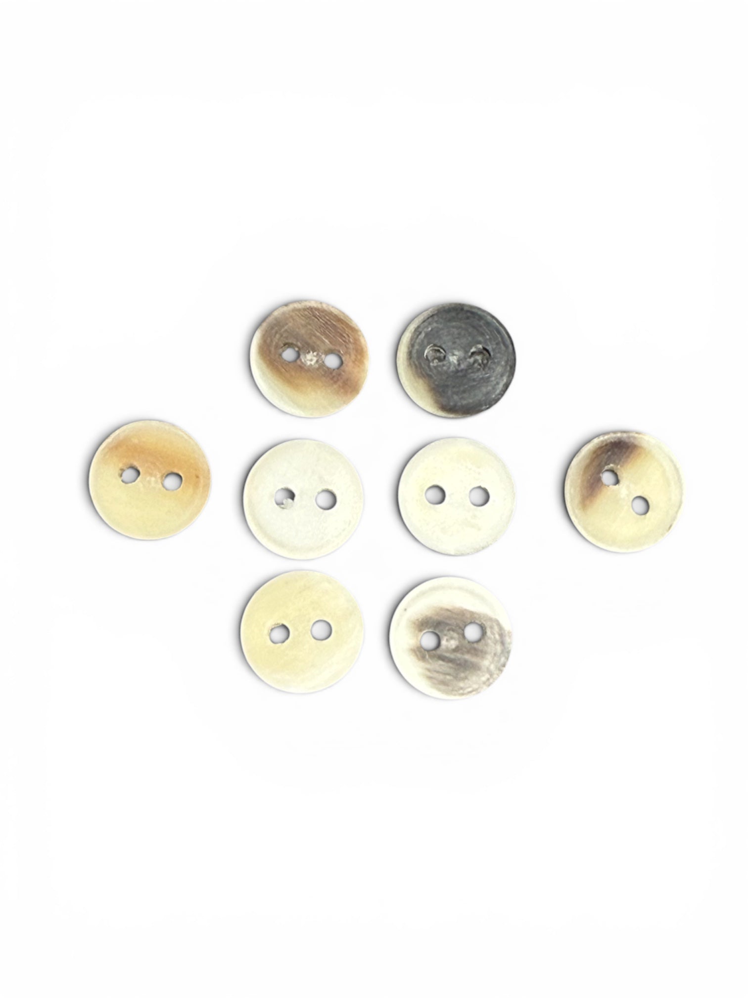 Eight 11mm ivory round buttons with varying natural shades and a 2-hole design on a white background