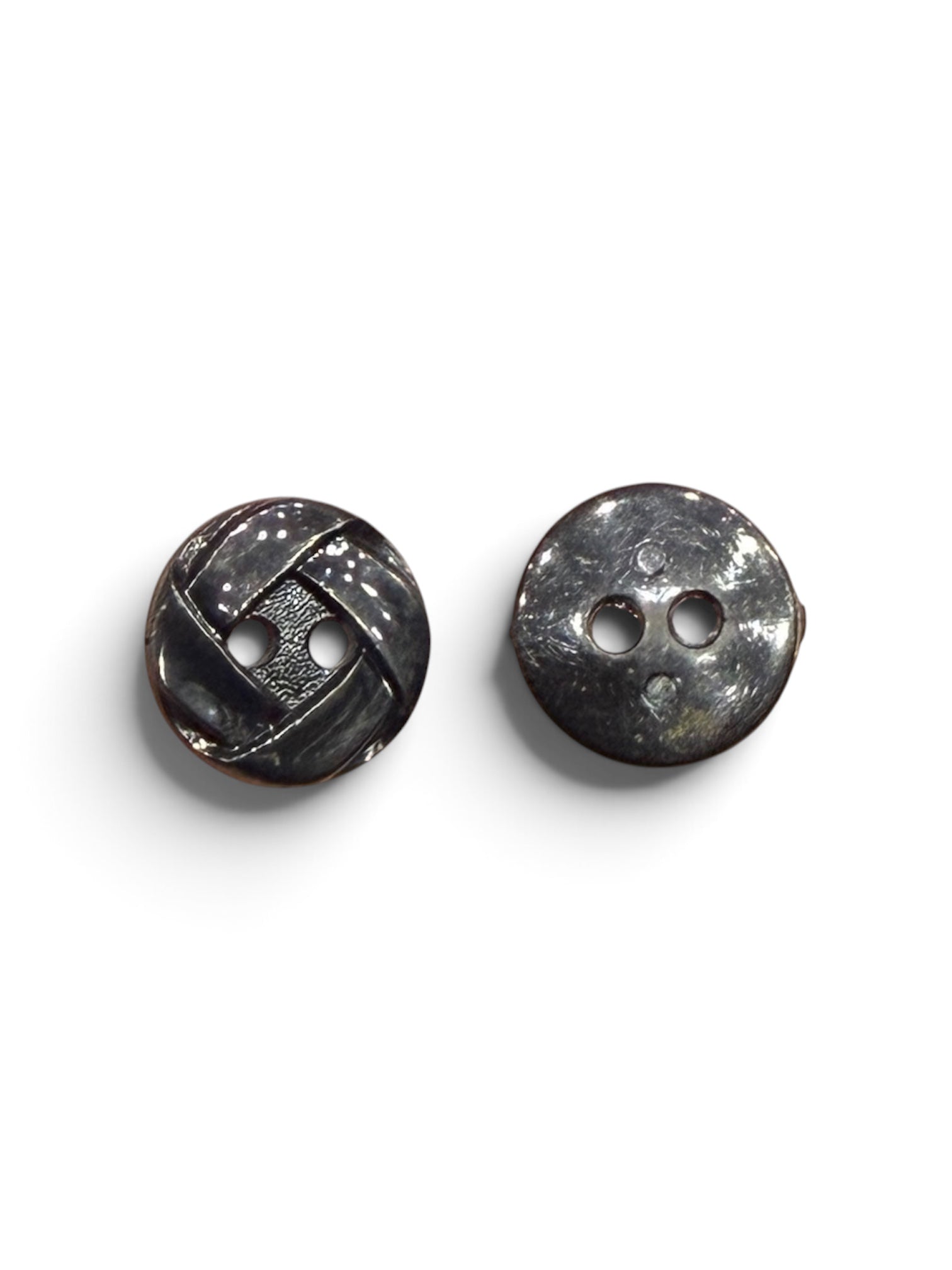 Two 14mm black resin designer buttons with a 2-hole flat back design on a white background.